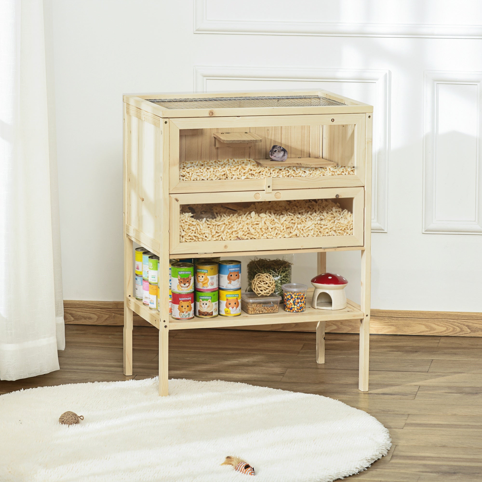 3-Tier Wooden Hamster Cage Mice and Rat Cage Small Animals Hutch with Openable Top, Front Door, Shelf, Natural Wood - Natural Wood - Image 2