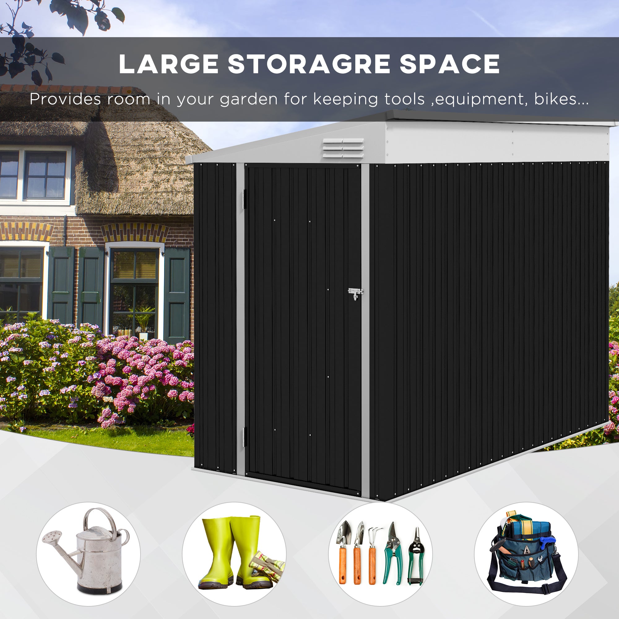 4' x 8' Lean to Garden Storage Shed, Outdoor Metal Tool House with Lockable Door Vents for Backyard Patio Lawn, Gray - Dark Gray - Image 4