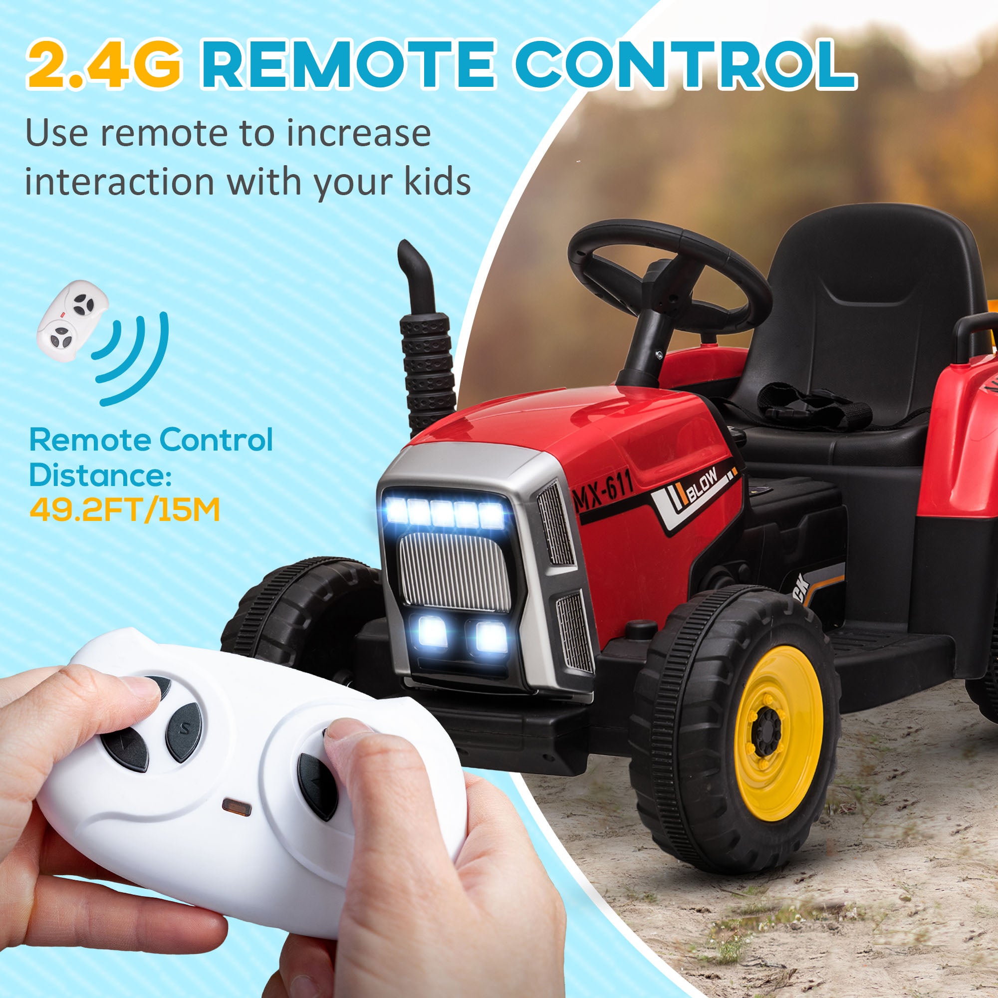 12V Electric Ride on Tractor with Trailer, 25W Dual Motors, Red