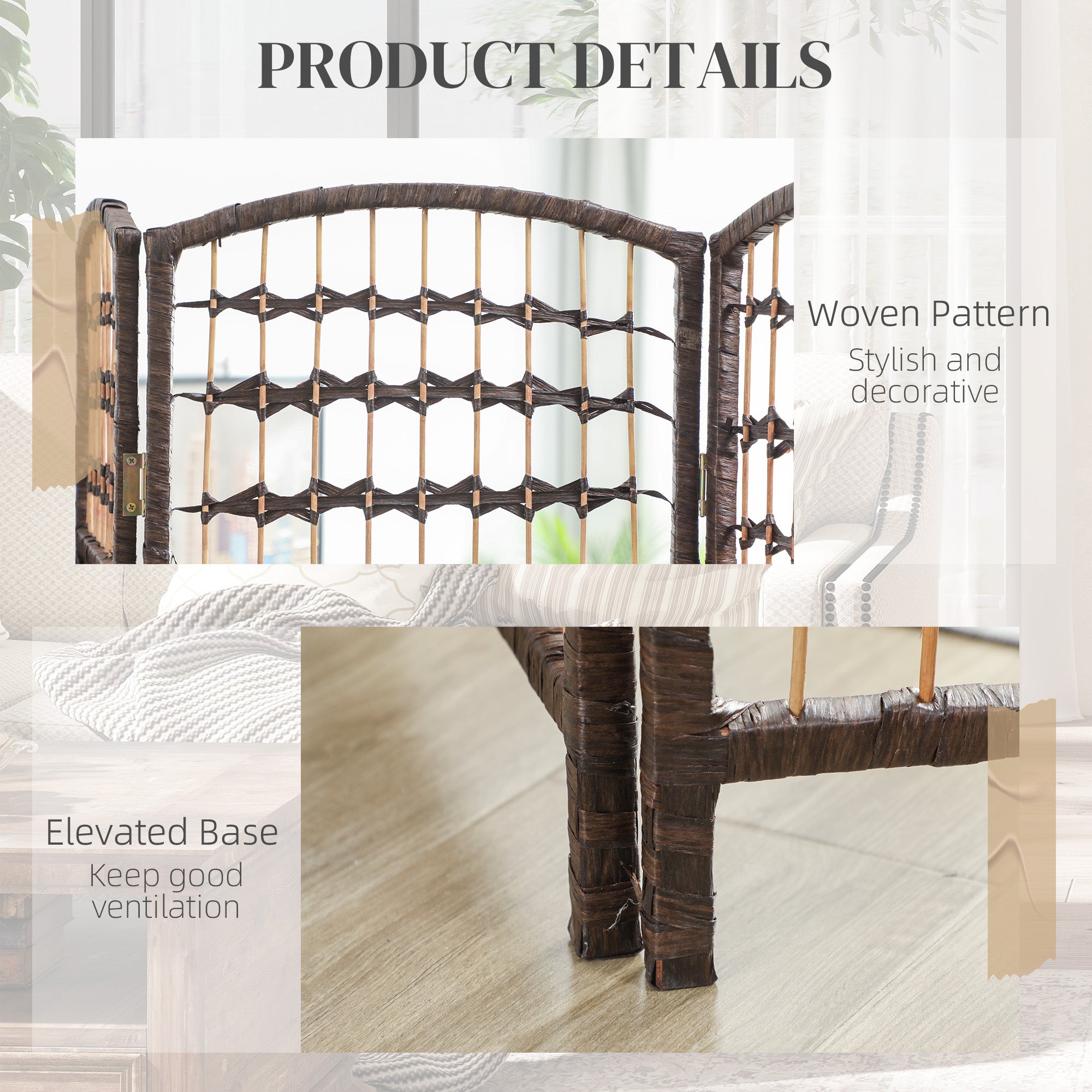 8 Panel Folding Room Divider Portable Privacy Screen Wave Fiber Room Partition for Home Office Brown