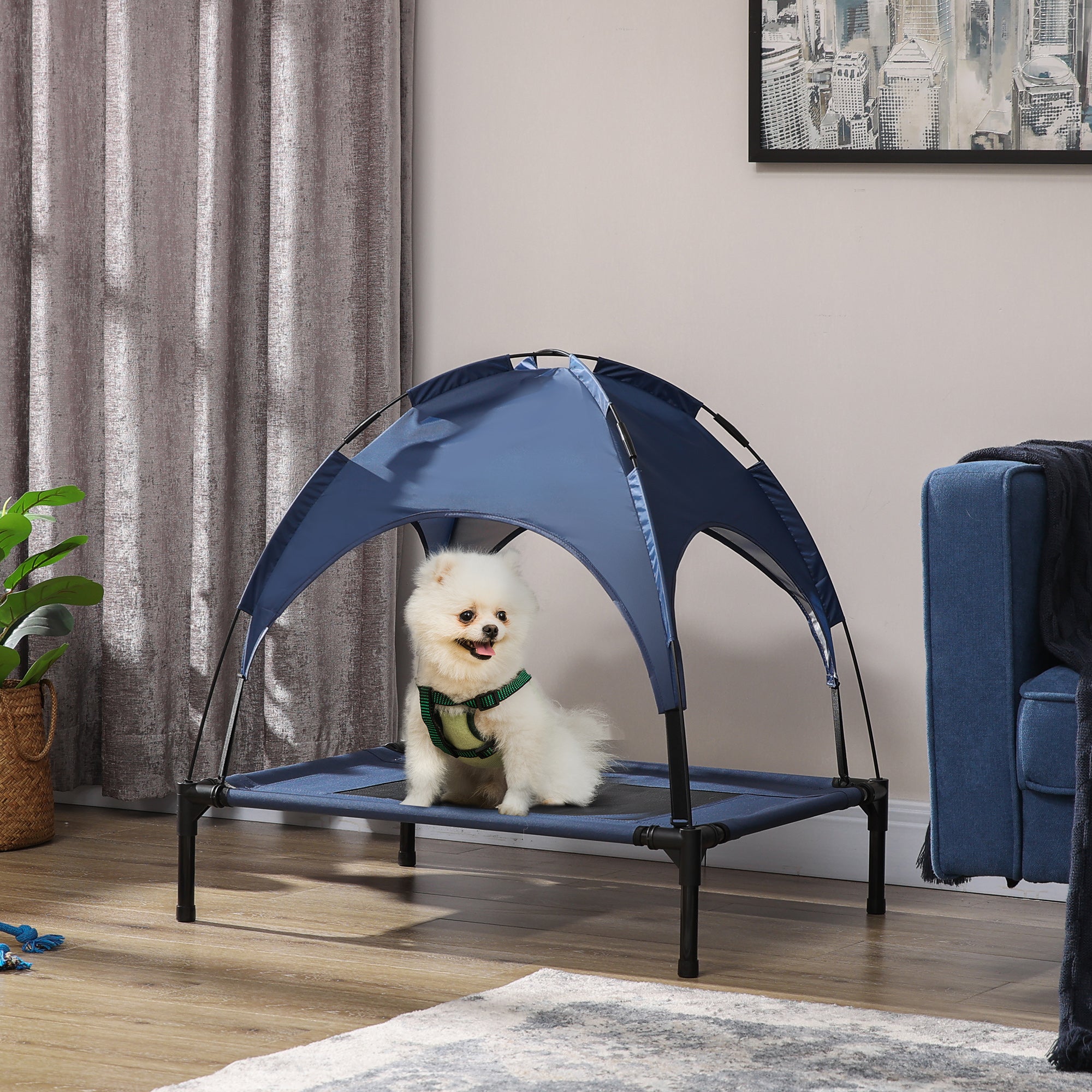 Elevated Portable Dog Cot Pet Bed with UV Protection Canopy Shade, 30 inch, Dark Blue - Blue - Image 2