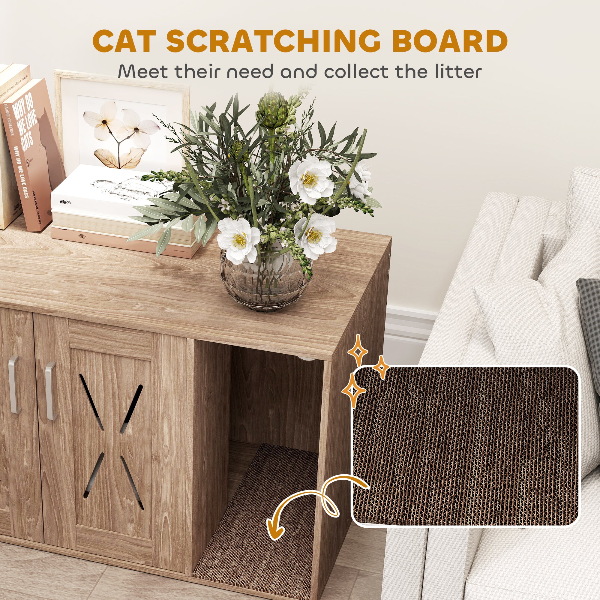 Cat Litter Box Enclosure with Scratching Board, Cat Washroom End Side Table, 31.5" x 19" x 20", Walnut Brown - Walnut - Image 6