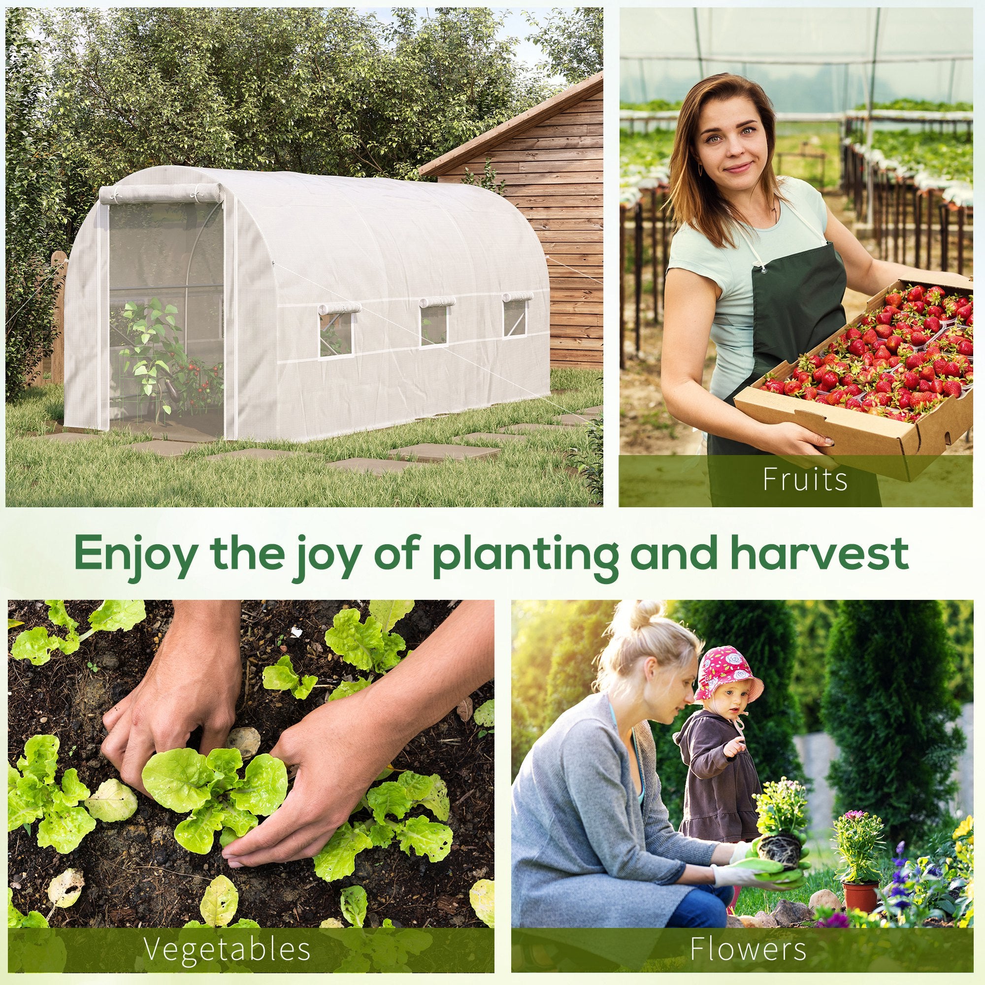14.6' x 6.6' x 6.6' Walk-In Tunnel Greenhouse, Large Garden Hot House Kit with 6 Roll-up Windows & Roll Up Door, Steel Frame, White - White - Image 6