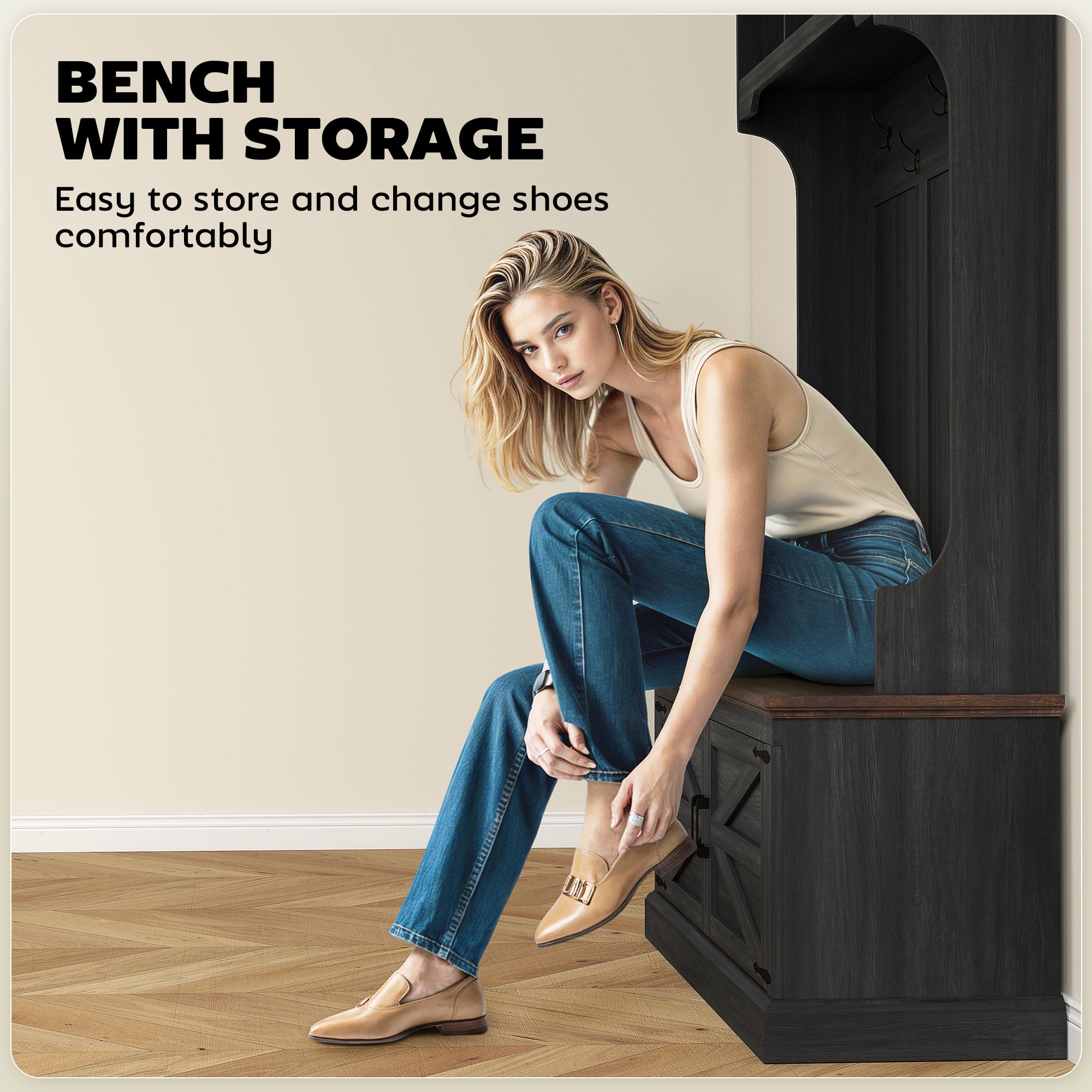 3-in-1 Hall Tree with Shoe Storage, Coat Rack with Bench, Entryway Furniture with Five Hooks, Black Wood Grain