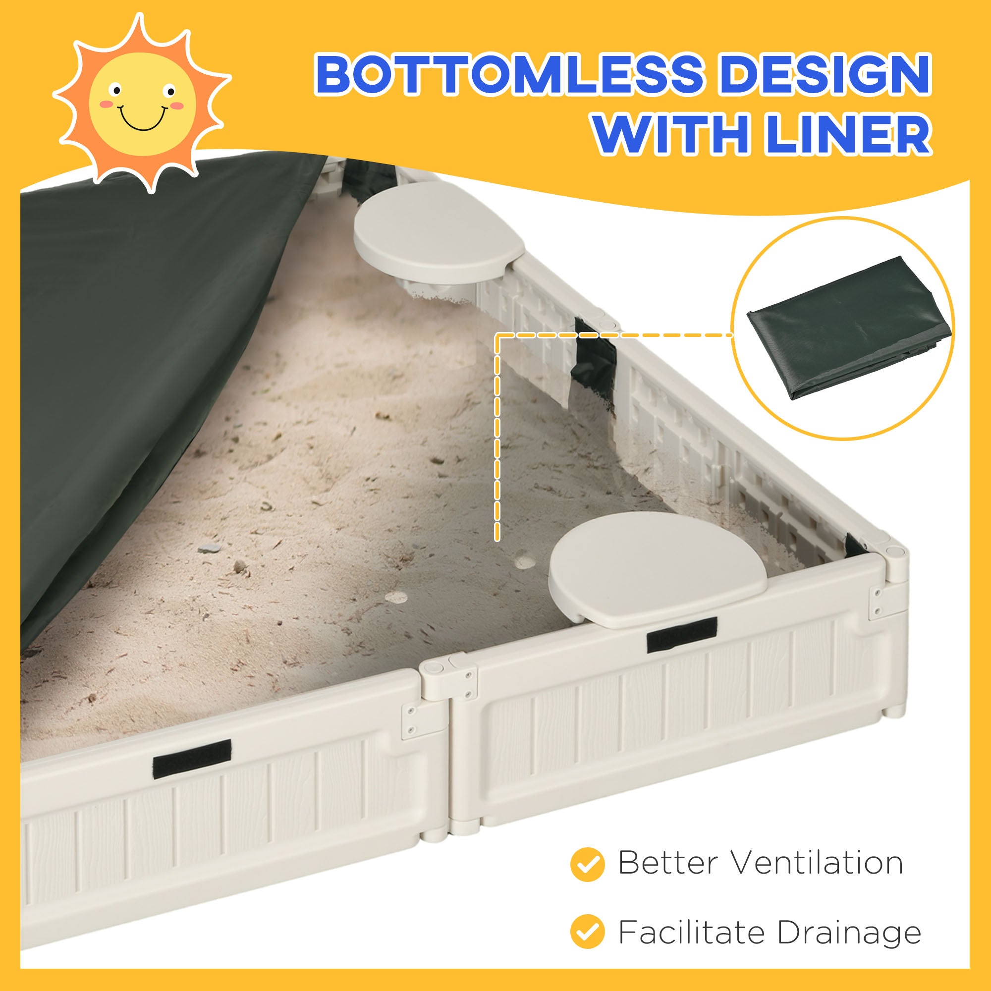 Kids Outdoor Sandbox with Cover Garden Bed, Easy Assembly for Backyard, Cream White, 48.5" x 48.5" x 8.25"
