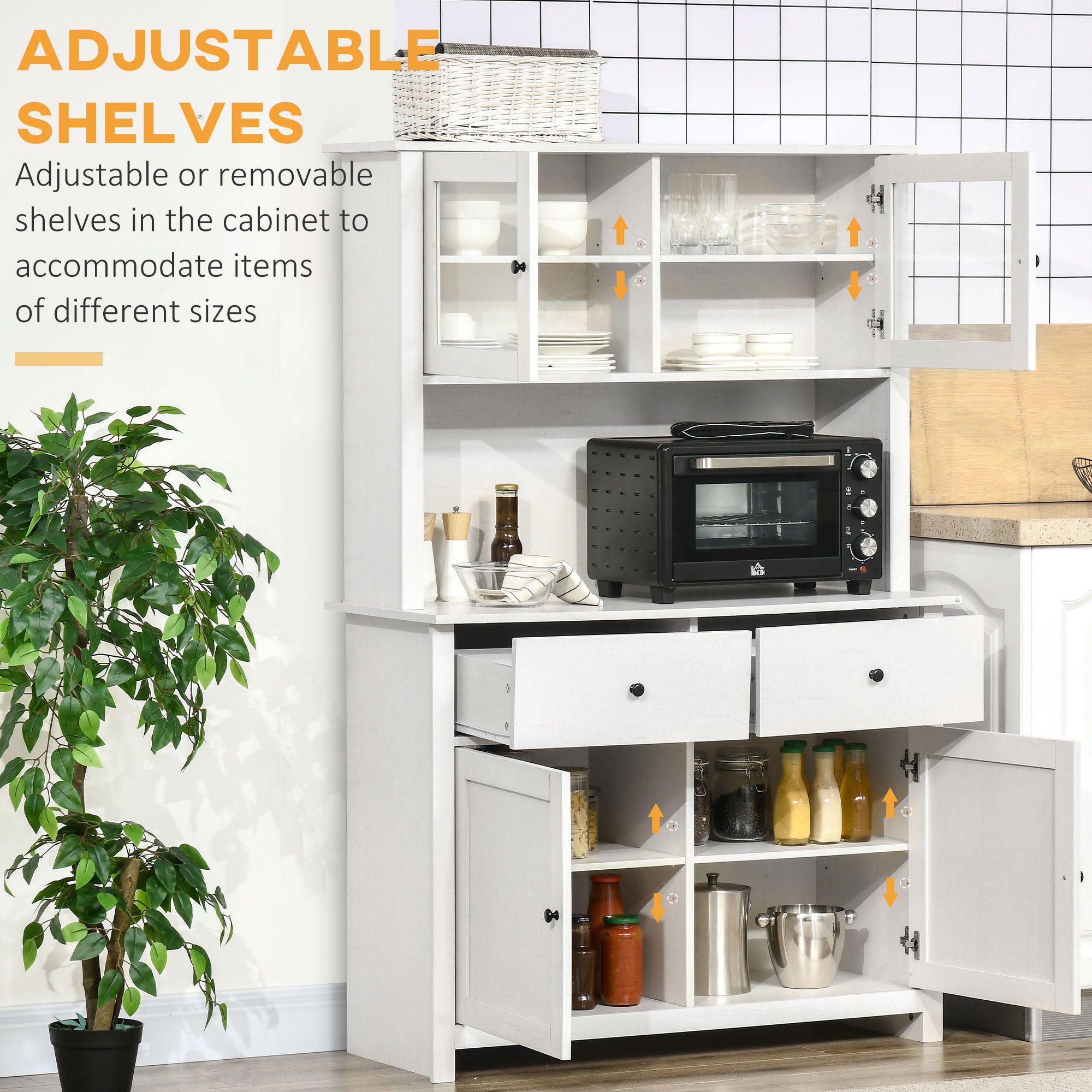 63.5" Kitchen Buffet with Hutch, Pantry Storage Cabinet with 4 Shelves, Drawers, Framed Glass Doors, Open Microwave Countertop, Antique White