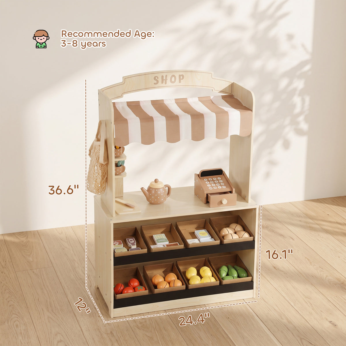 Wooden Grocery Store Playset Pretend Play with Play Food, Cash Register, Chalkboard, 61 Accessories for Boys & Girls 3-8