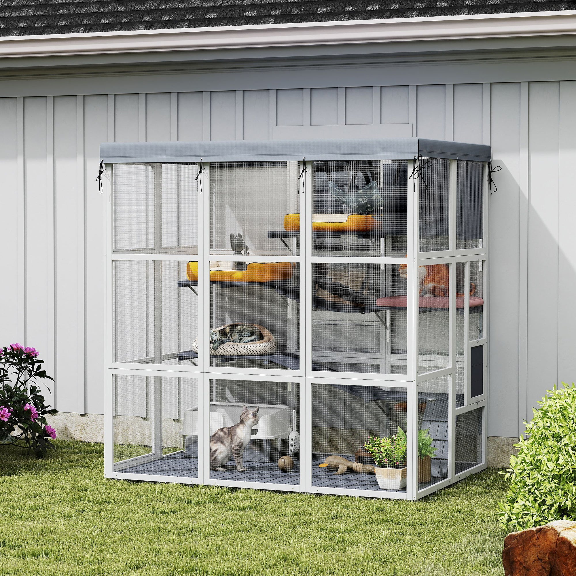 Large Outdoor Catio Cat Enclosure with Hammock, Condo, Jump Platforms, Ladders, Ramps, Tarp, for 2-4 Large Cats, Gray - Gray - Image 2