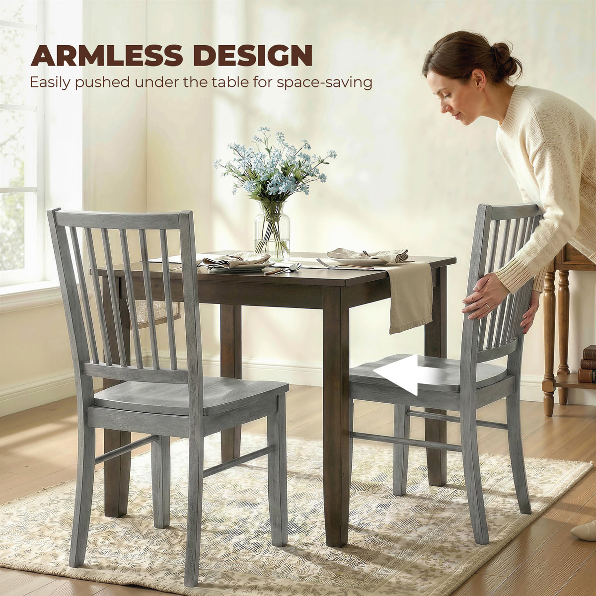Dining Chairs Set of 2 Ergonomic Solid Wood, Armless Kitchen Chairs with Rubberwood Legs, Rustic Gray