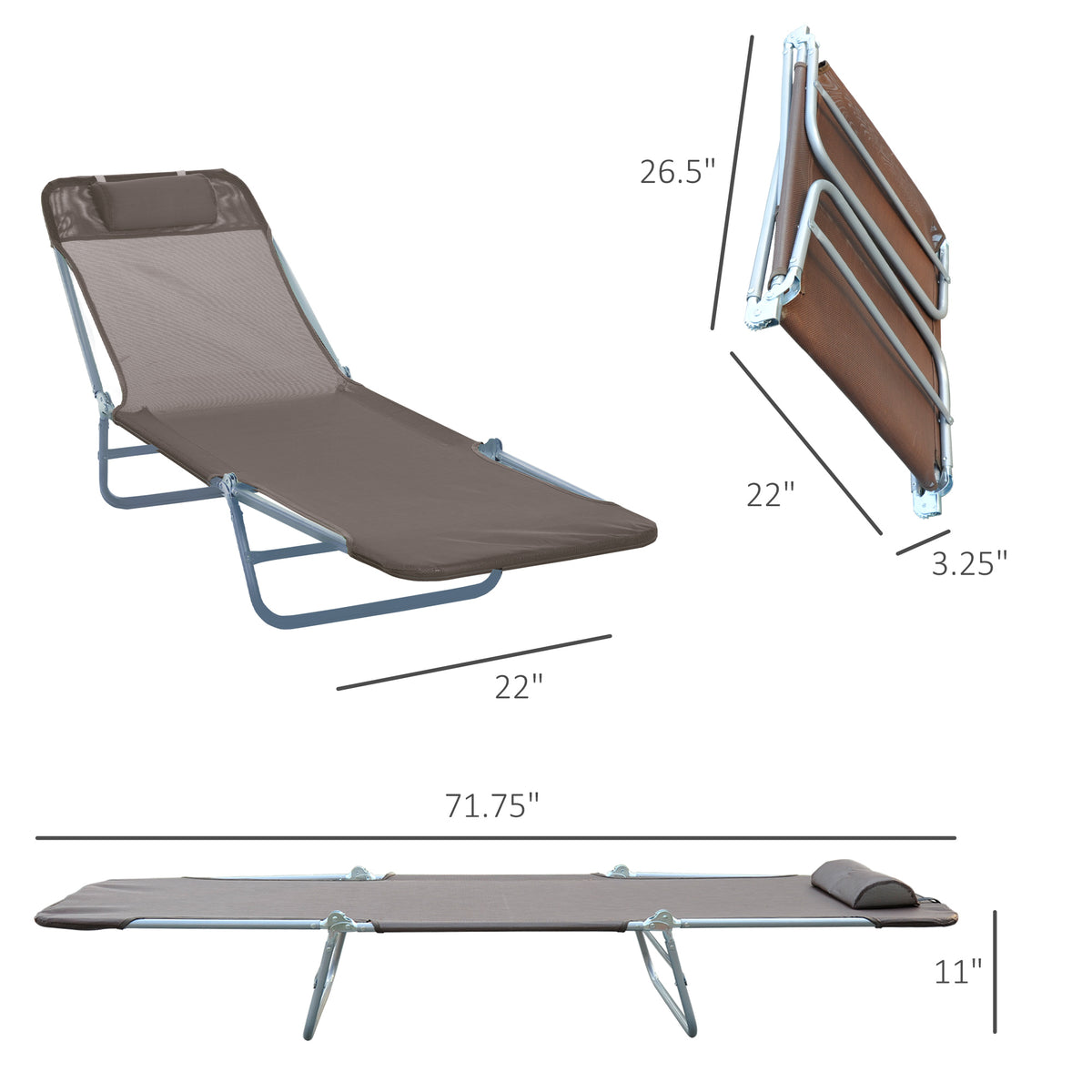Folding Chaise Lounge Chair, Pool Sun Tanning Chair, Outdoor Lounge Chair with 5-Position Reclining Back Brown