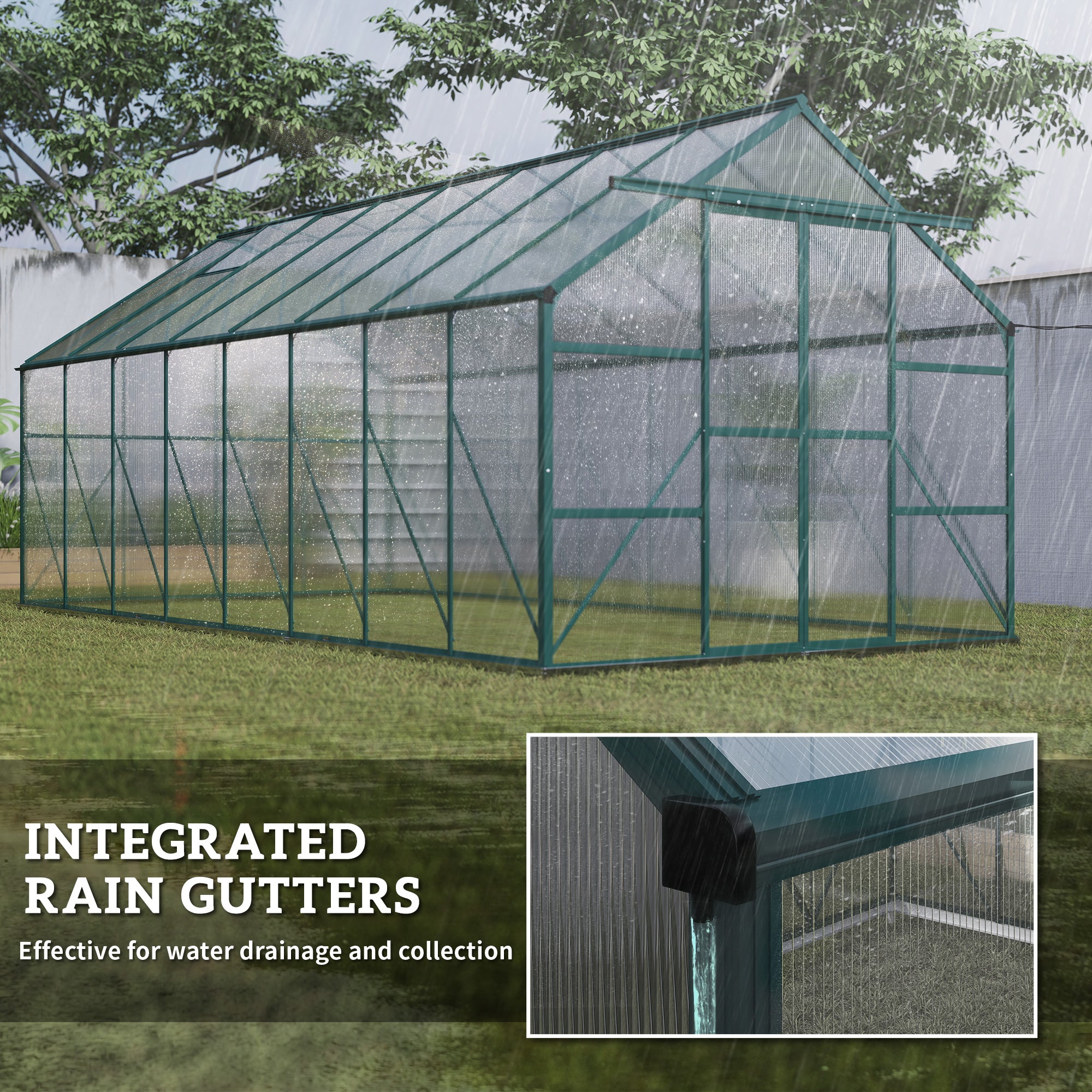 16' x 8' Aluminum Greenhouse Polycarbonate Walk-in Garden Greenhouse Kit with Adjustable Roof Vent, Rain Gutter and Sliding Door for Winter, Clear - Clear - Image 7