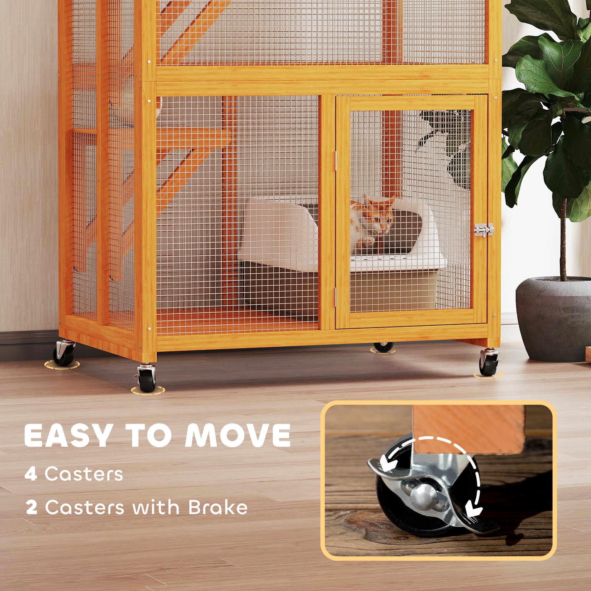 74" Wooden Outdoor Cat House Catio Outdoor Cat Enclosure, Orange - Orange - Image 6