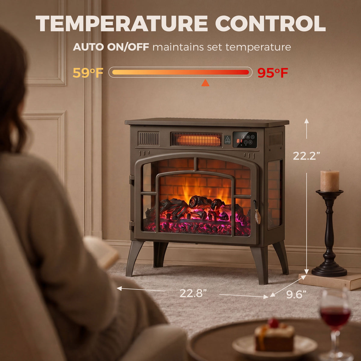 3-Sided Glass WiFi Electric Fire Heater, Smart Electric Fireplace Stove, Brown