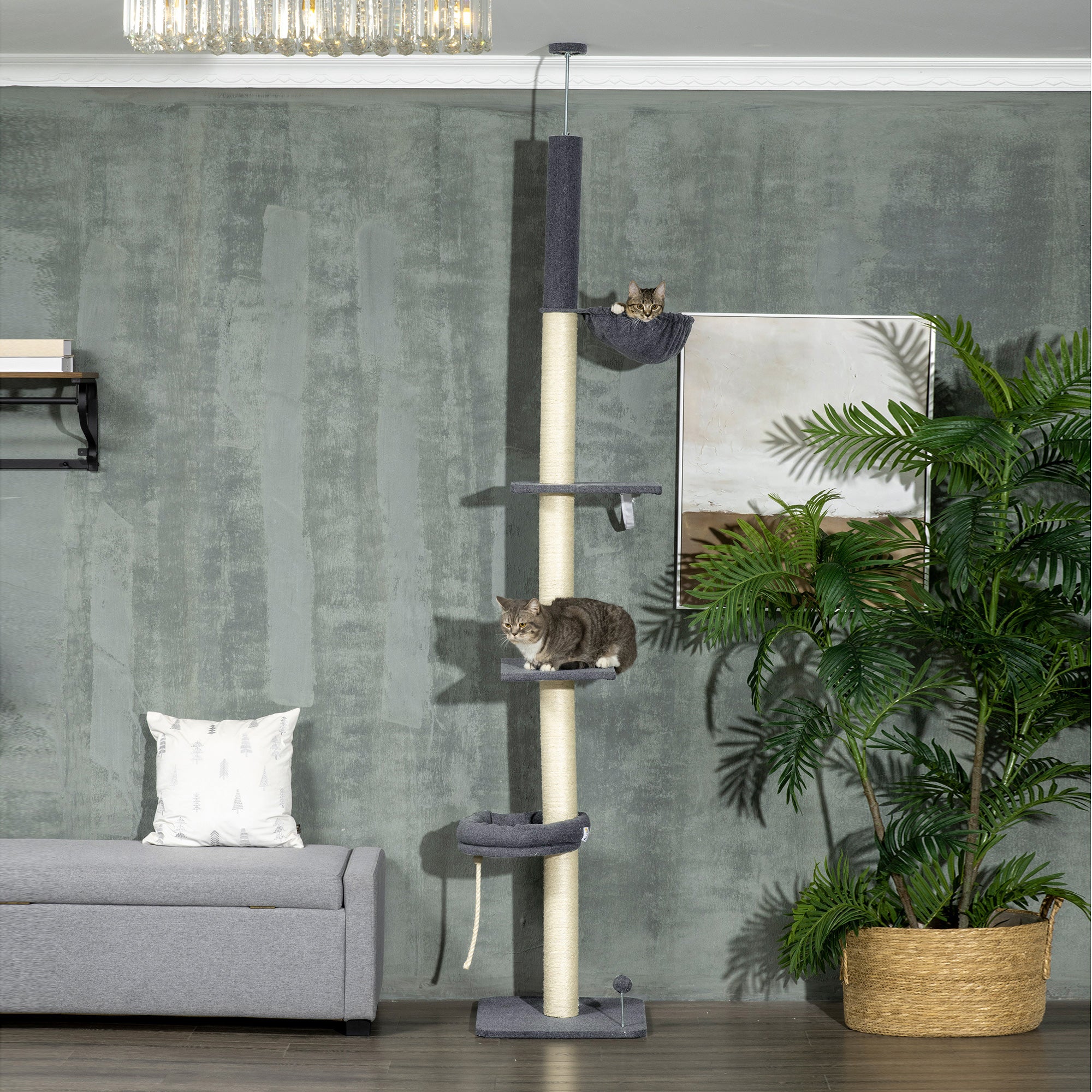 Floor To Ceiling Cat Tree, 5-Tier Cat Climbing Tower, 95''-106'' Height Adjustable with Carpeted Platforms, Cozy Bed, Hammock, Scratching Post & Toy Ball for Indoor Cats, Dark Gray and Cream - Black, Cream - Image 2