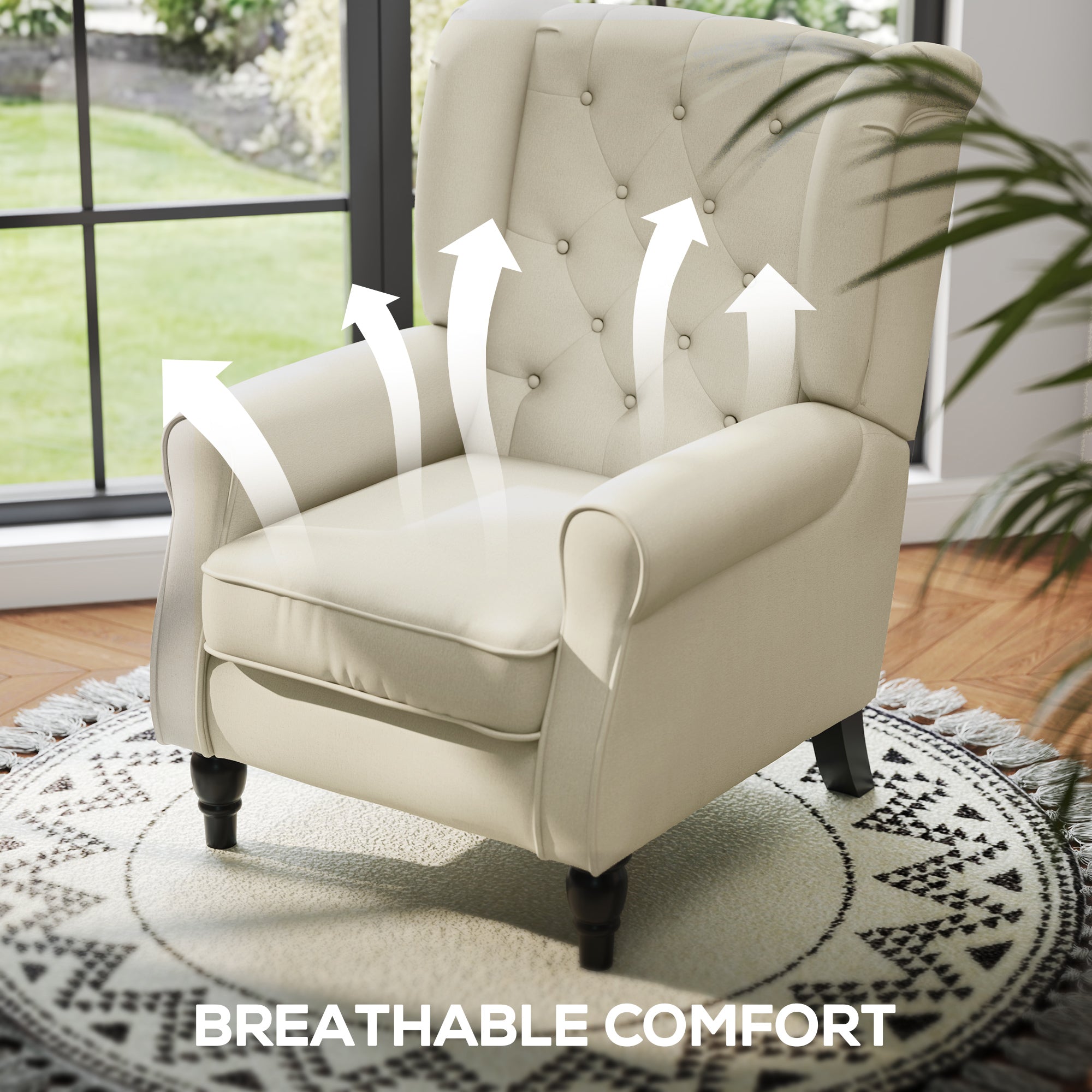 Button-Tufted Accent Chair with High Wingback, Rounded Cushioned Armrests and Thick Padded Seat, Cream White