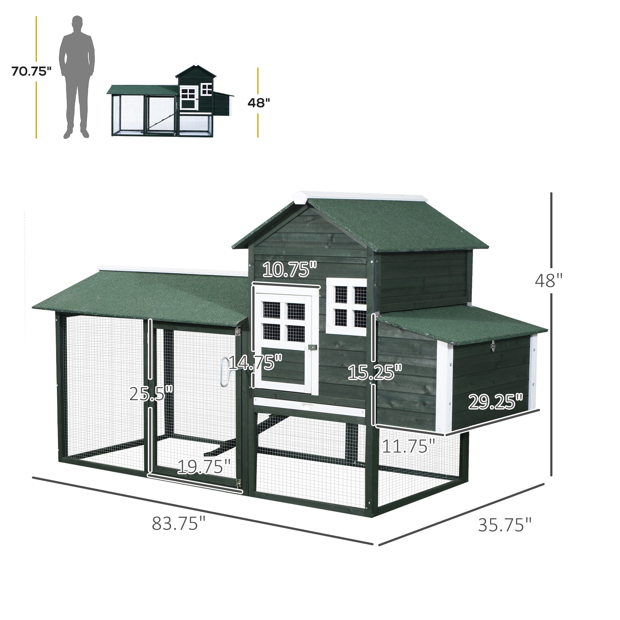 84" Wooden Chicken Coop, Hen House Outdoor with Run Nesting Box, Asphalt Roof, Removable Tray, Ramp, Poultry Cage for 2-3 Chickens, Green - Green - Image 3