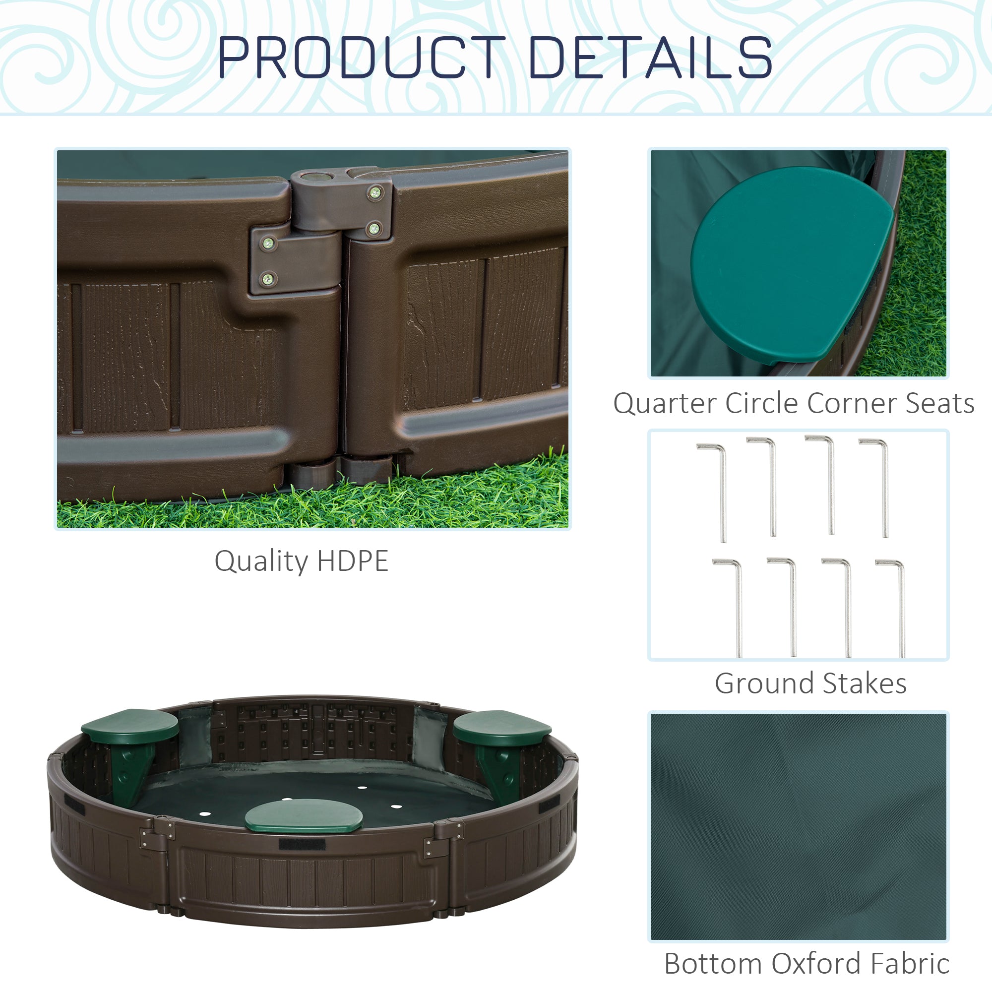 Kids Outdoor Sandbox with Cover Garden Bed Sand Pit, Easy Assembly Children's Round Sandbox for Backyard, Brown, 48.5" x 48.5" x 8.75"