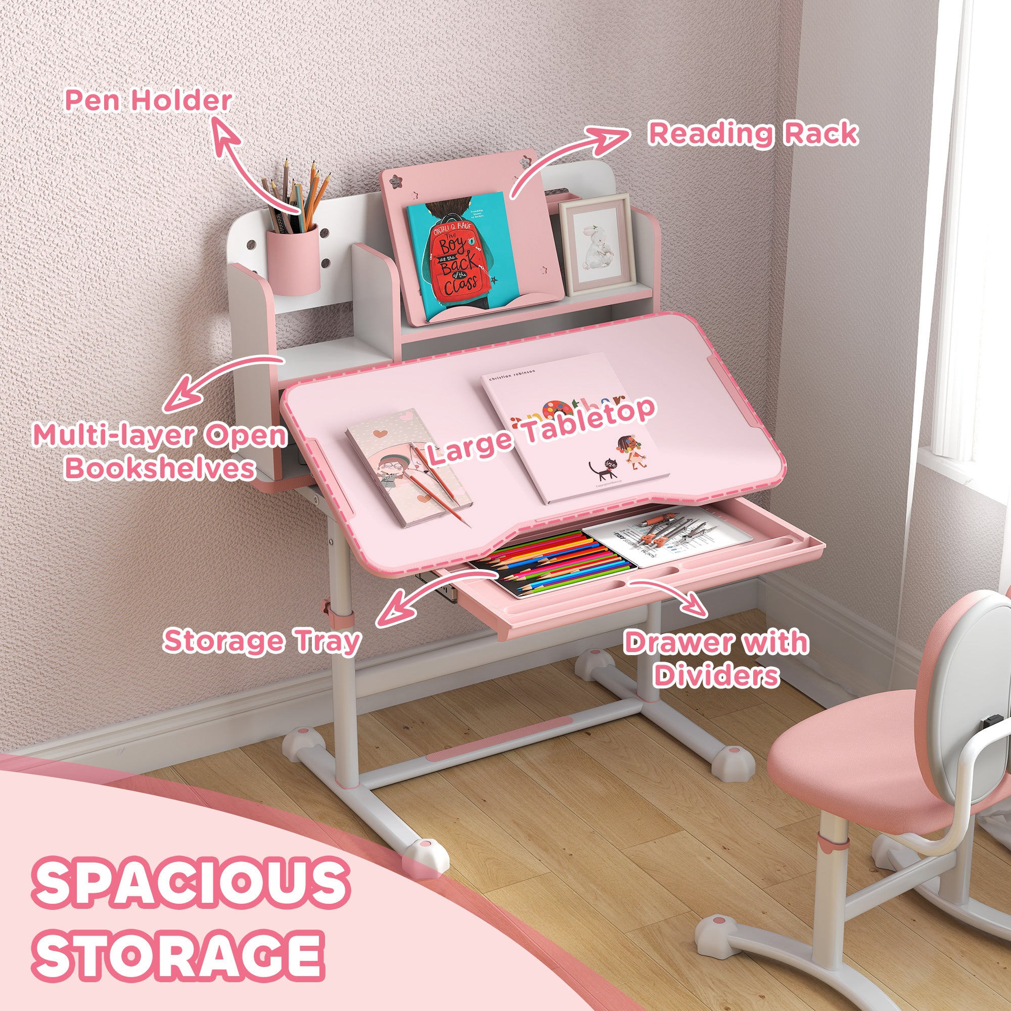 Height Adjustable Kids Desk and Chair Set for Writing Drawing w/ Tilt Desktop, Storage Drawer and Reading Rack, Pink
