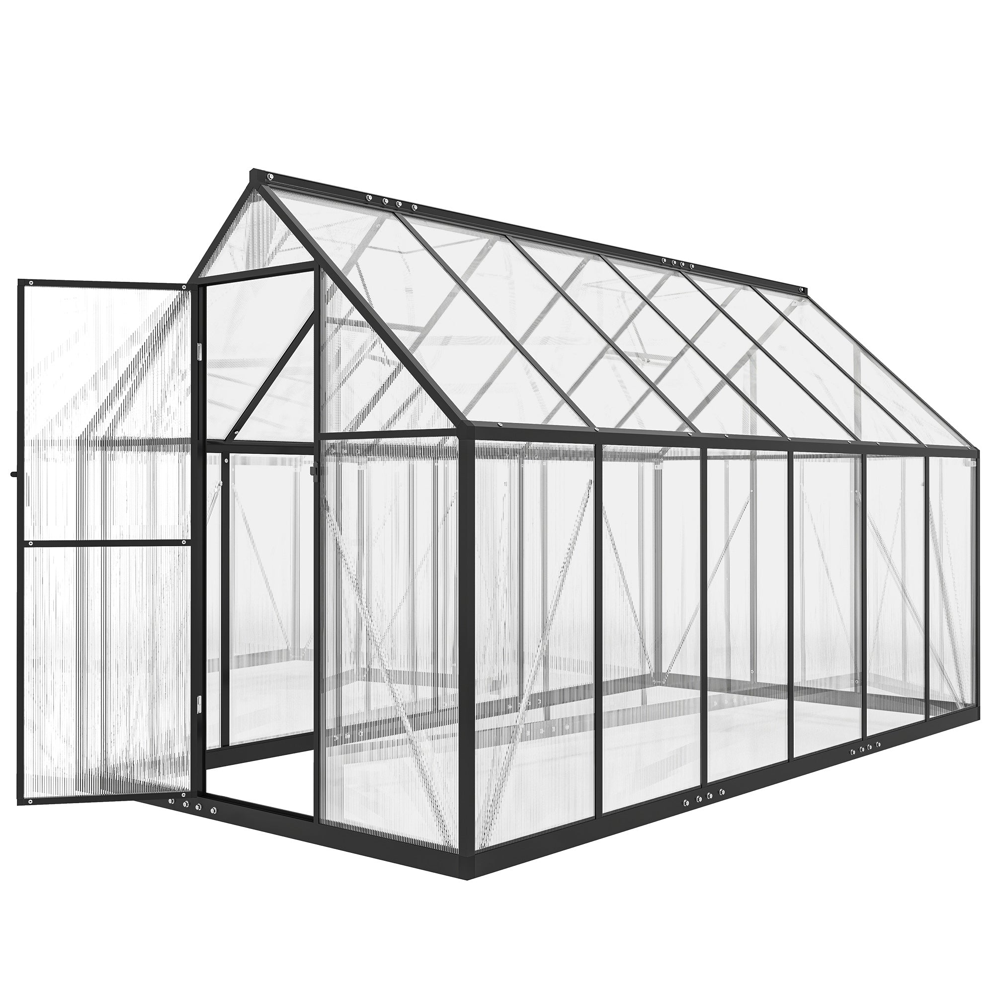 Polycarbonate Greenhouse with Swing Door and Two Adjustable Roof Vents, Aluminum Walk-in Greenhouse, 11x6 ft, Black - Black