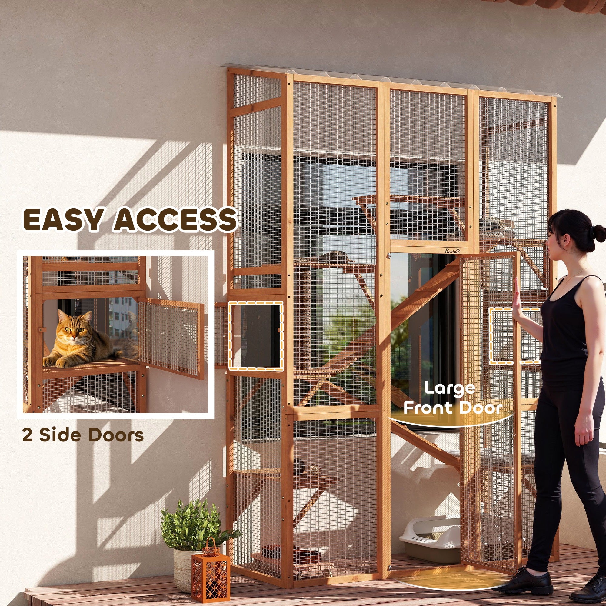 Outdoor Catio Cat Enclosure, Large Wooden Cat House with 6 Jumping Platforms, Scratching Post, 2 Ramps, for 2-3 Kittens - Orange - Image 6