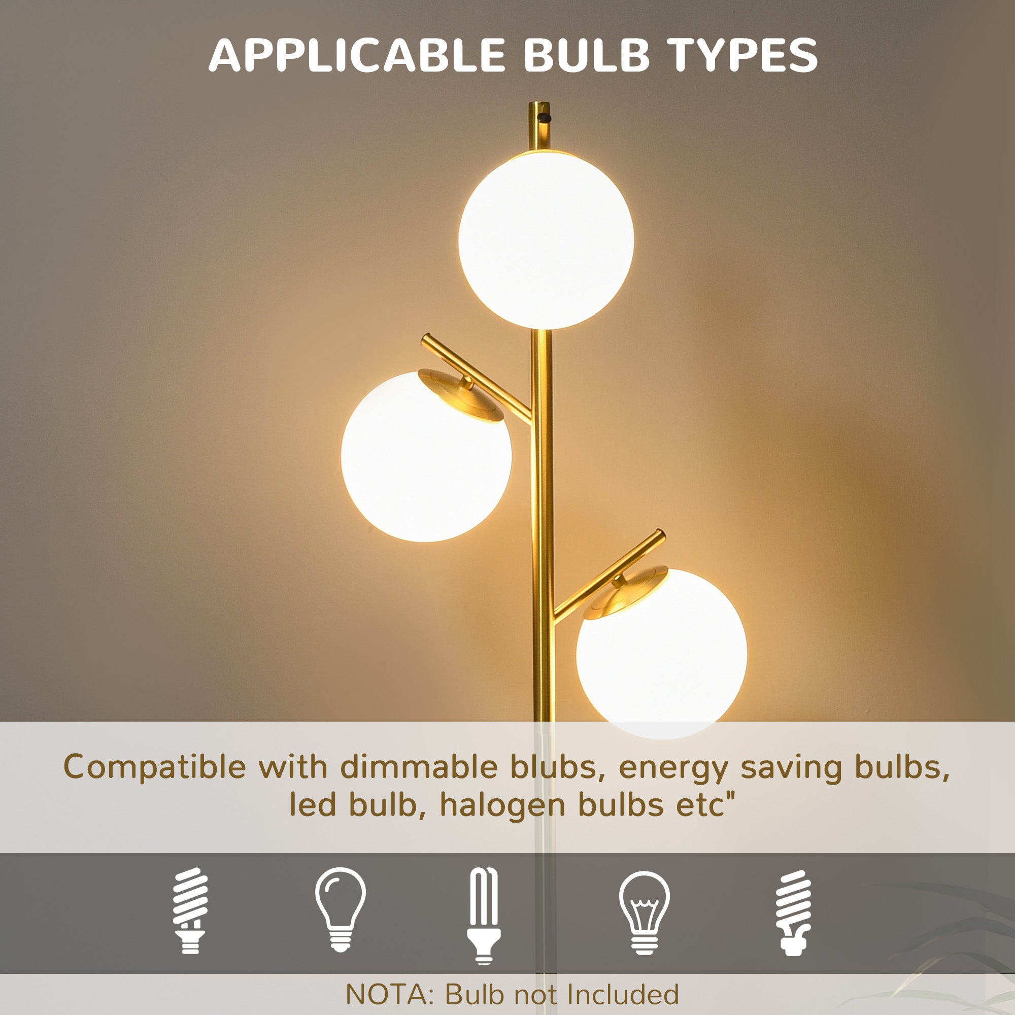 Modern 3-Light Floor Lamp for Living Room, Tree Standing Lamp with Globe Lampshades, 10.75"x10.75"x66.5", Gold