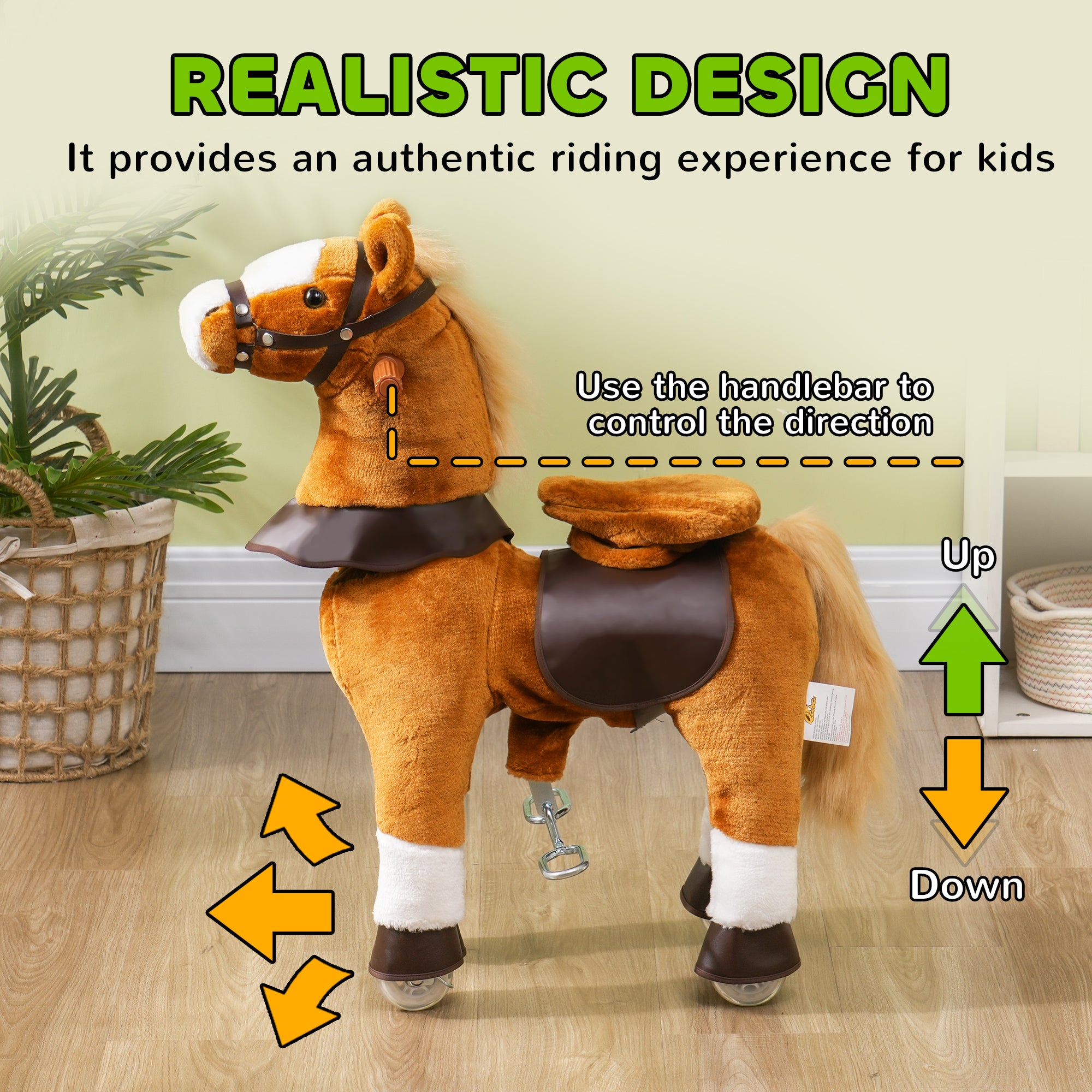 Ride on Horse, Walking Horse Toy, Kids Riding Pony w/ Wheels & Neighing Sounds for 3-5 Years, up to 132 Pounds