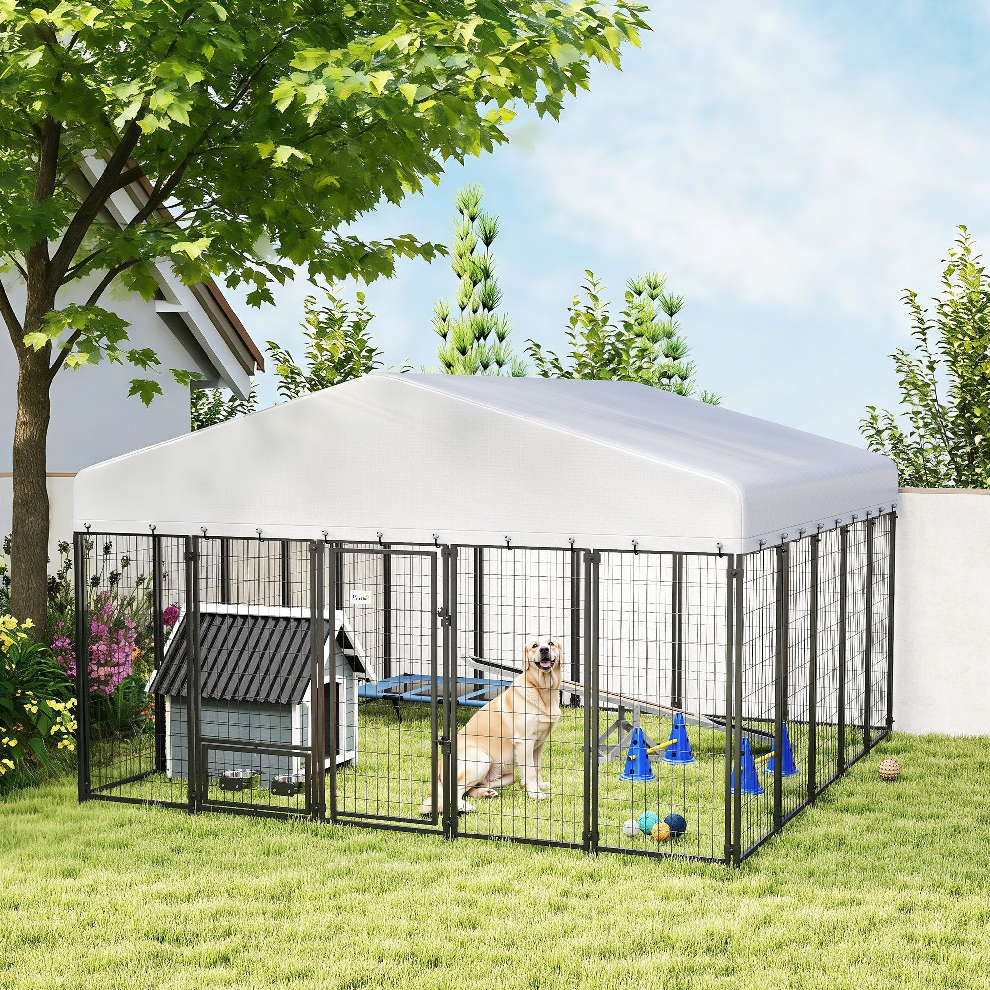 9.8' x 9.8' x 6' Outdoor Dog Kennel, Dog Kennel Outside Run with 360° Rotating Bowls, Waterproof & UV Resistant Cover - Silver - Image 2