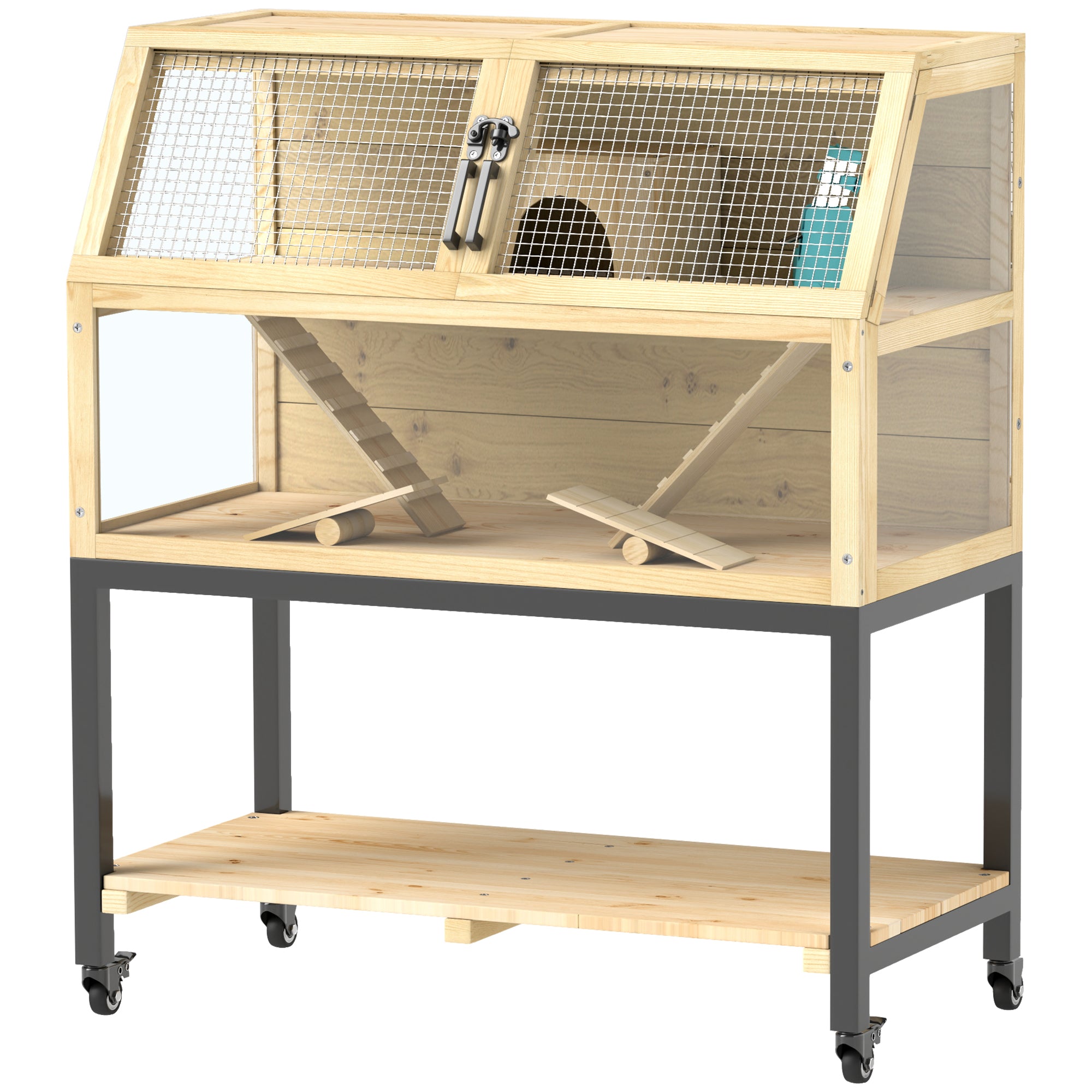 Hamster Cage on Wheels w/ Storage Shelf, Seesaws, Water Bottle, Hut & Ramps, for Dwarf, Gerbil, Syrian Hamster, Mouse - Natural Wood