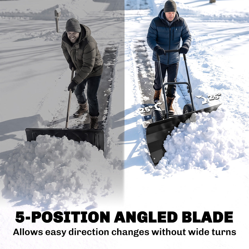 Snow Shovel with Wheels, 29" x 16.5" Metal Snow Pusher with Adjustable Handle, 5-Angle Blade for Driveway, Black