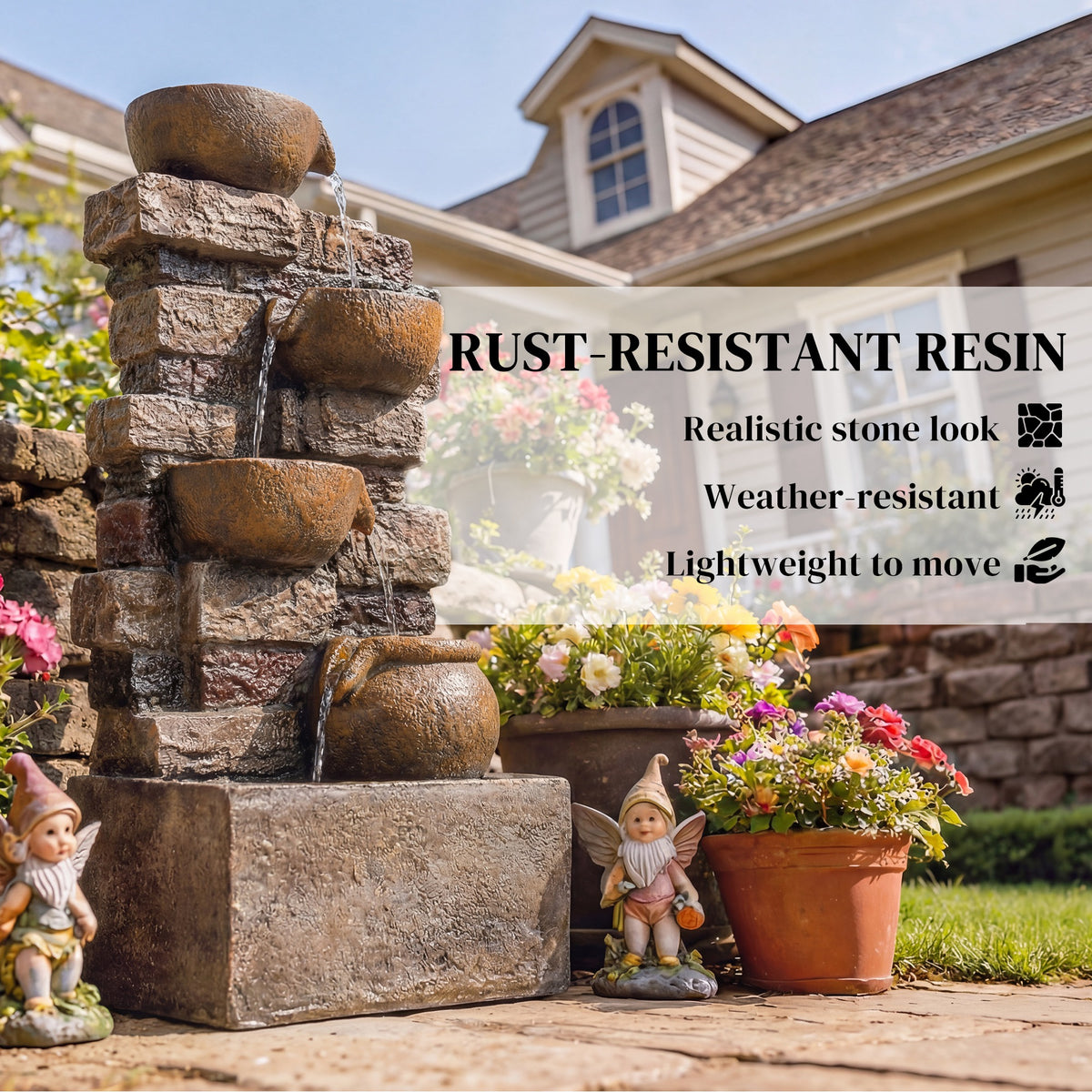 28" Outdoor Fountain with 5-Tier Rustic Jugs, Cascading Waterfall with LED Lights, Adjustable Flow, Rustic Brown