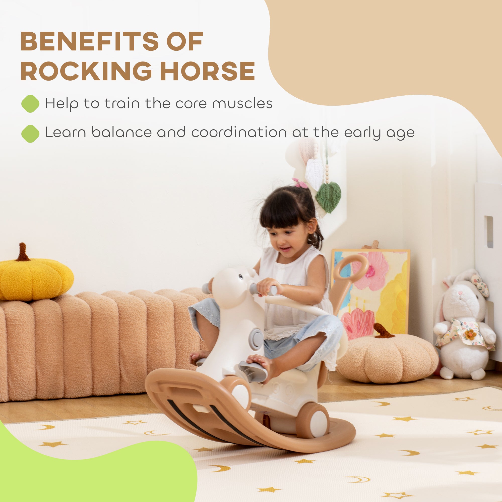 Rocking Horse for Toddlers 1-3 Years, 4-in-1 Baby Rocking Horse with Detachable Balance Board and Push Handle, Brown