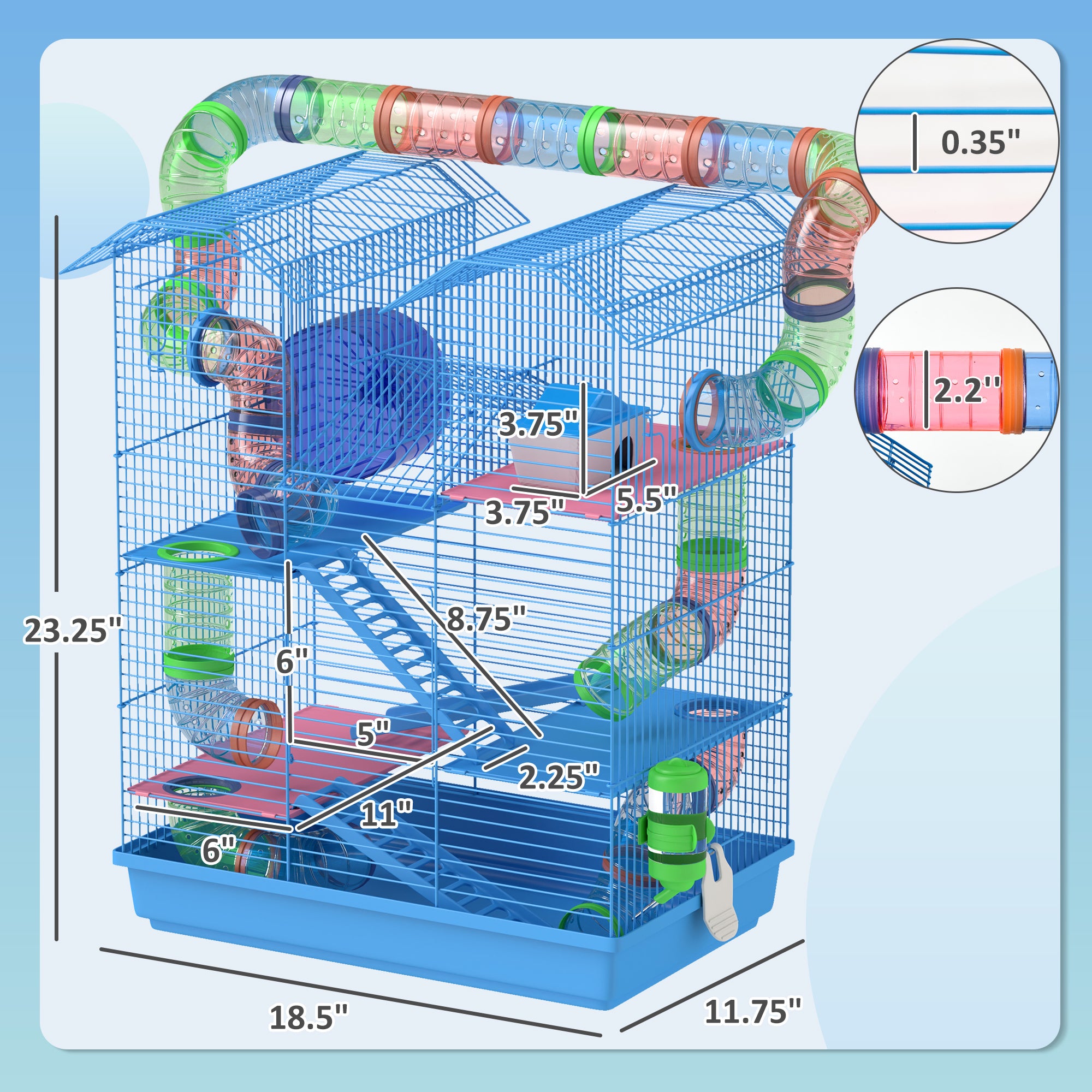 18.5" 5 Tier Hamster Cage with Tubes and Tunnels, Small Animal Cage, Rat Gerbil Cage with Water Bottle, Food Dish, Exercise Wheel, Blue - Sky Blue - Image 3