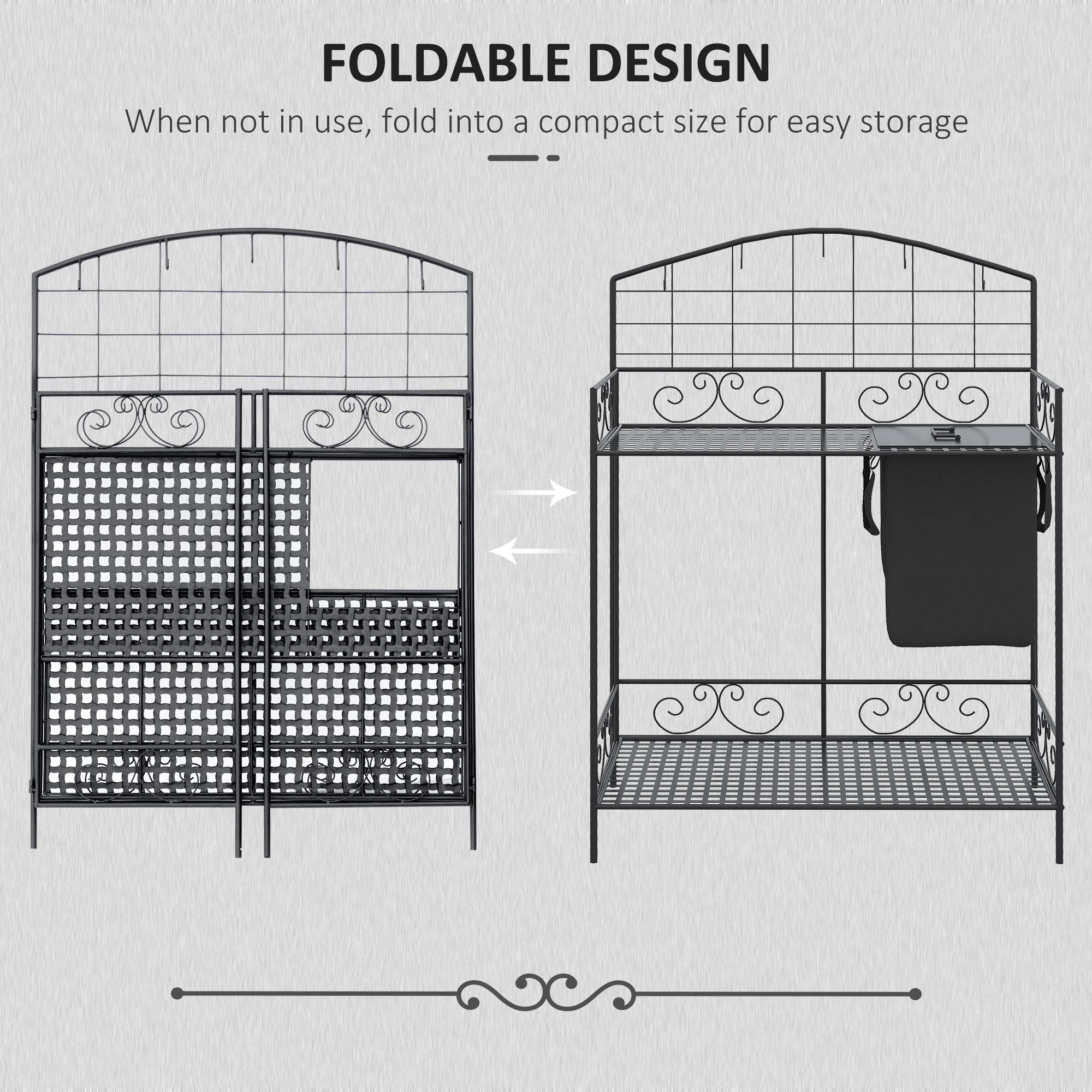 Folding Potting Bench Table, Metal Garden Workstation, Work Bench with Large Build-In Bag with Cover, 5 Hanging Hooks & Storage Shelf, Flourishes - Black - Image 5