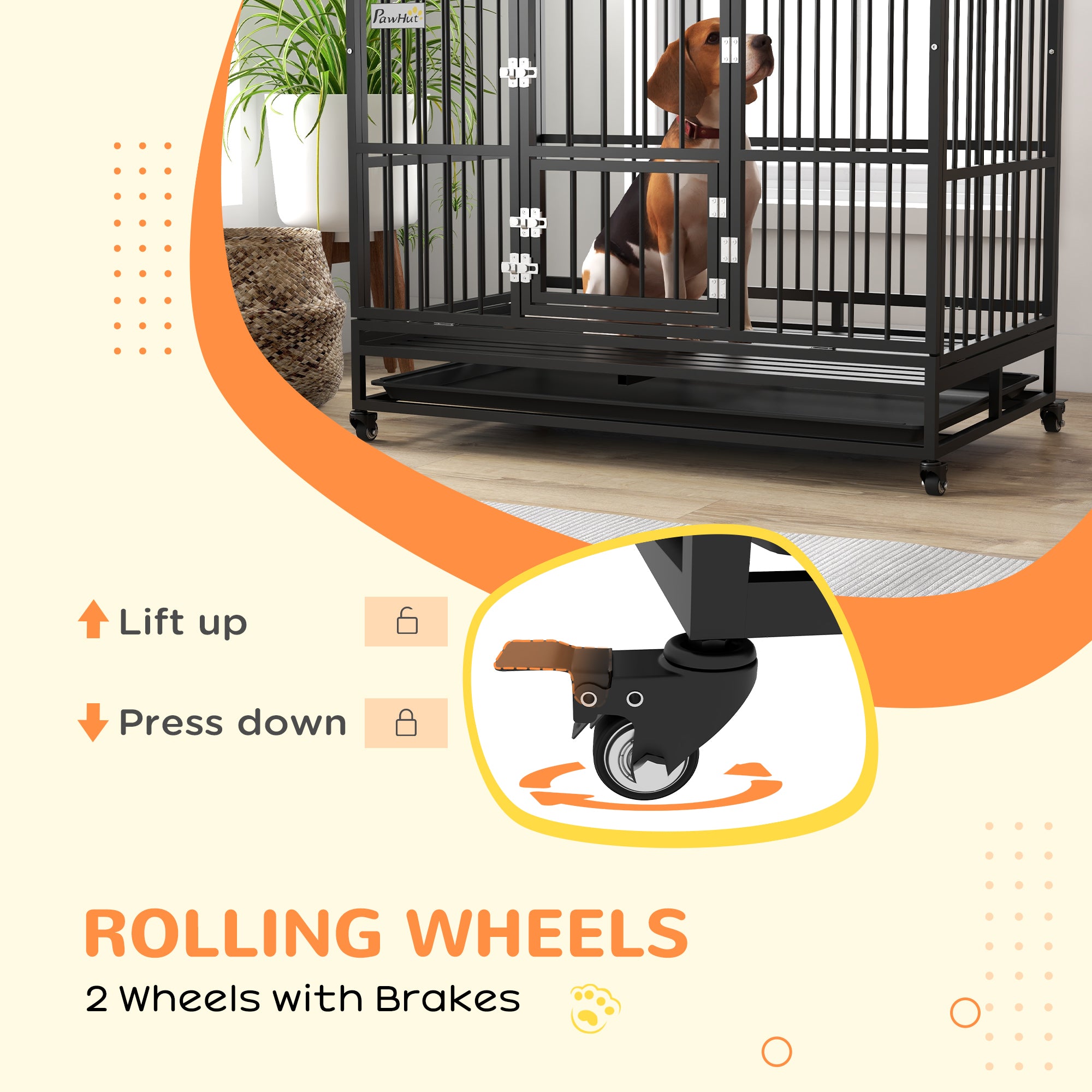 48" Heavy Duty Dog Crate with 4 Lockable Wheels, Double Doors, and Removable Tray, for XL and L Dogs - Black - Image 5