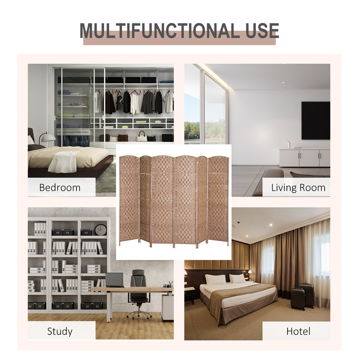 Room Divider 6 Panel, 6FT Tall Folding Privacy Screen, Freestanding Hand-Woven Partition for Room Separation with 360° Hinges, Paper Rope Diamond Weave, Natural