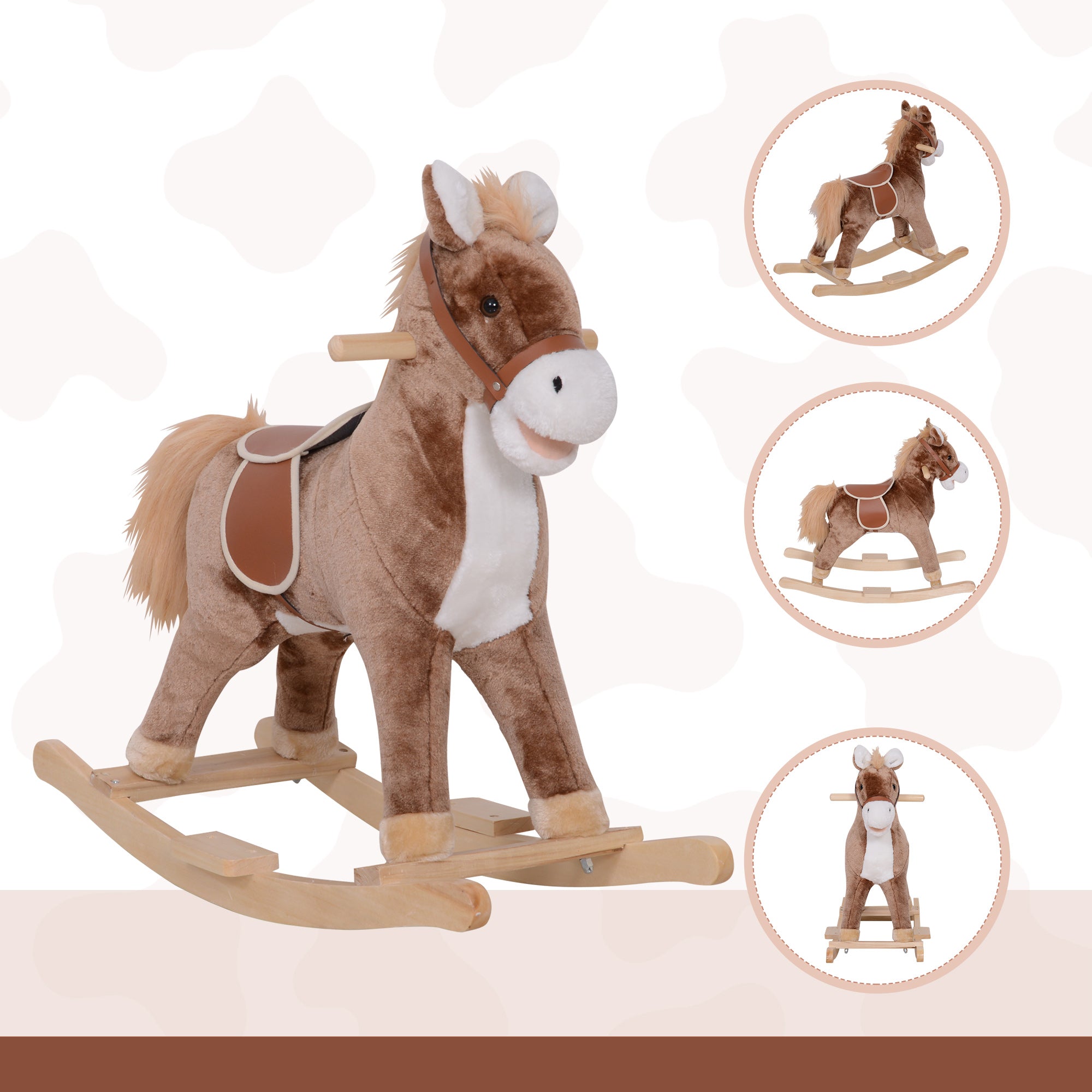 Kids Rocking Horse with Soft Plush Body, Wooden Base & Handle Grip for Years 3+
