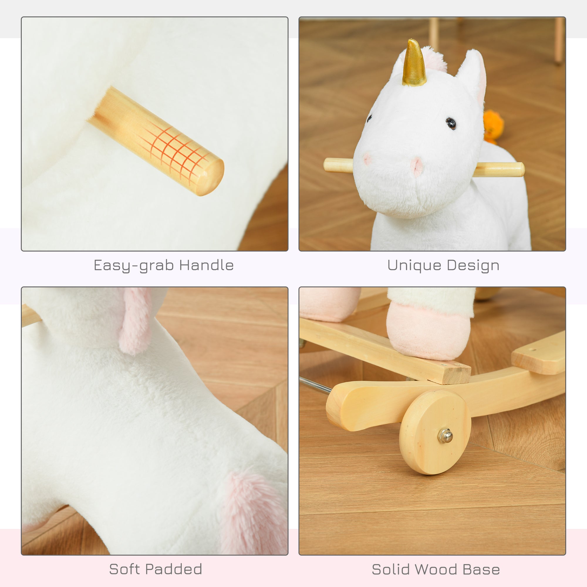 2 in 1 Kids Rocking Horse, Rolling Unicorn with Sound, Wooden Base, Pedal, Grip Handle, for 3-6 Years Old, White