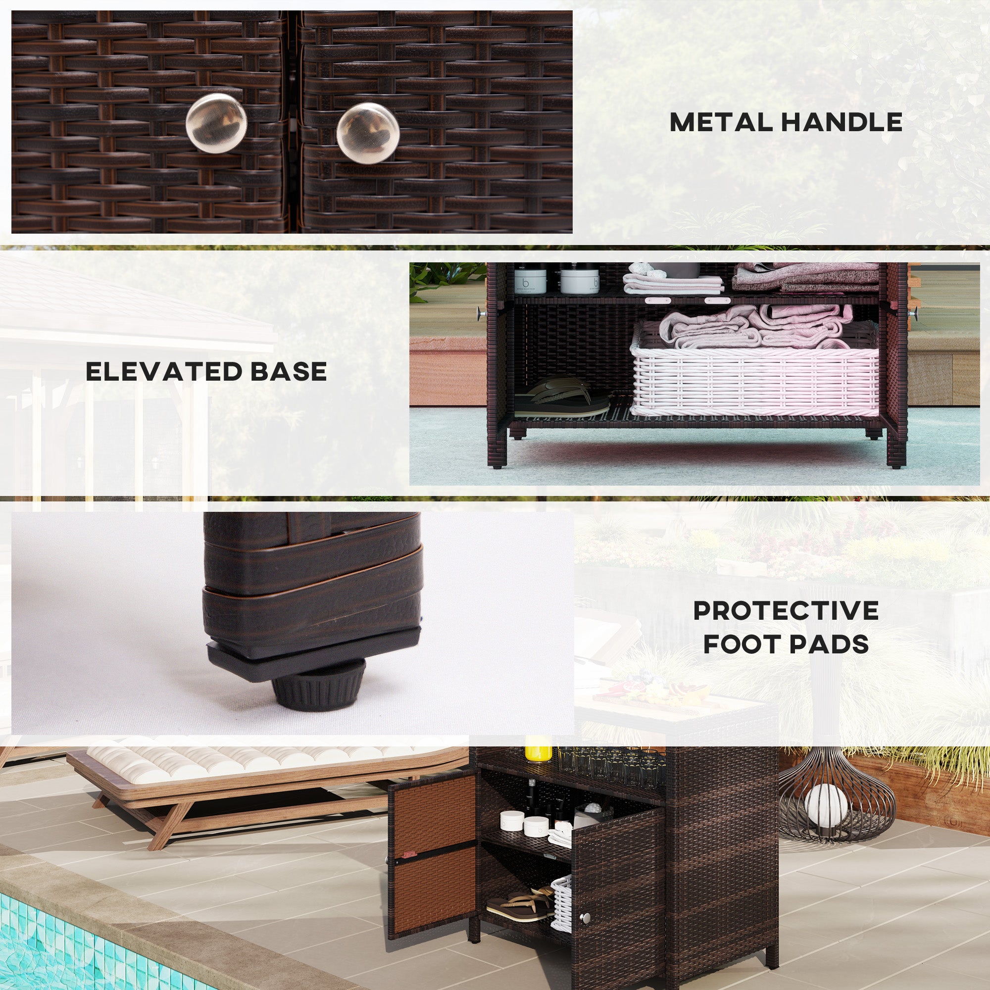 Outdoor Storage Cabinet with Acacia Wood Top, Two Doors, Shelf, Wicker Bar Table for Pool Towel Storage, Brown - Brown - Image 7