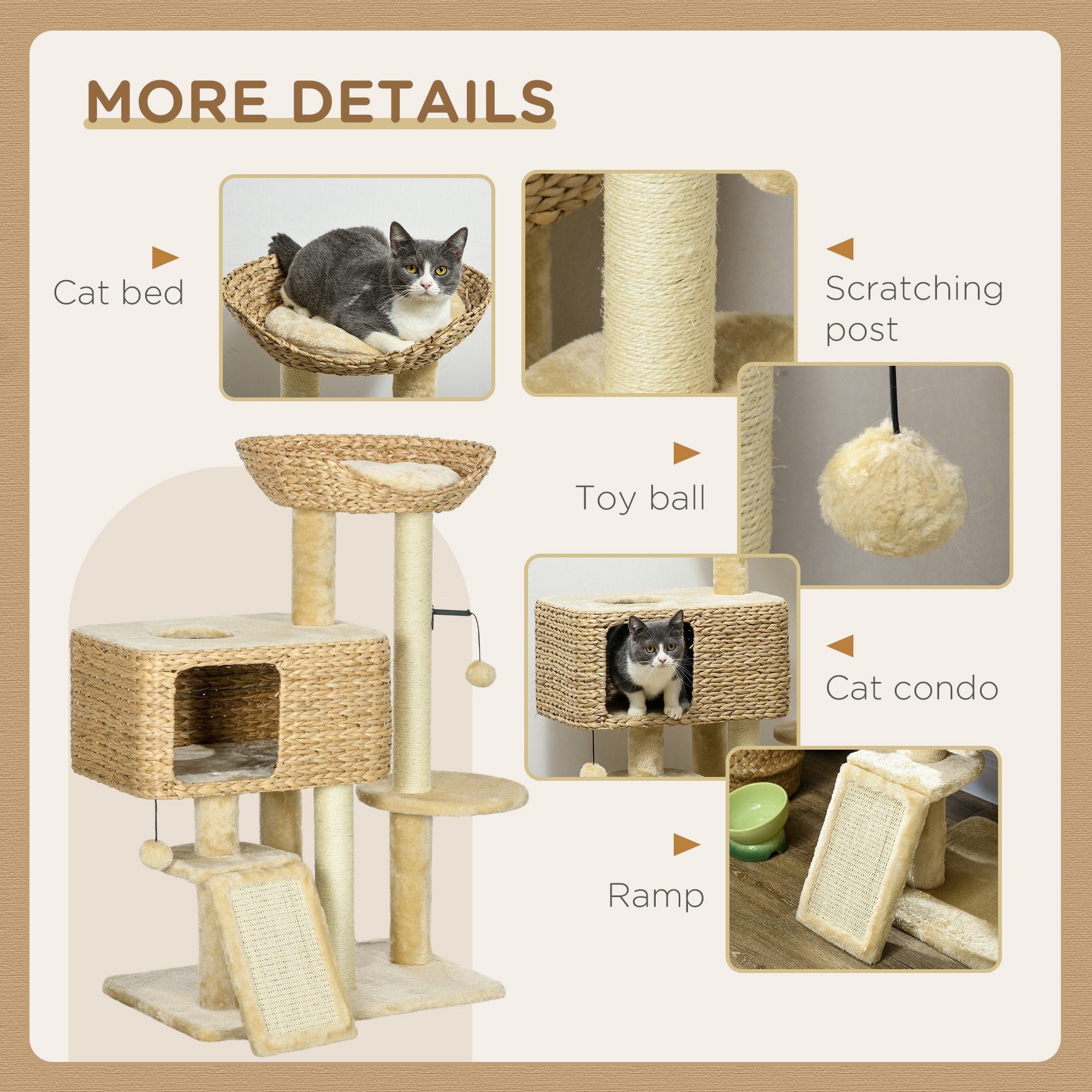 Cat Tree for Indoor Cats w/ Scratching Posts, Condo Cat Tower, Beige - Beige - Image 6