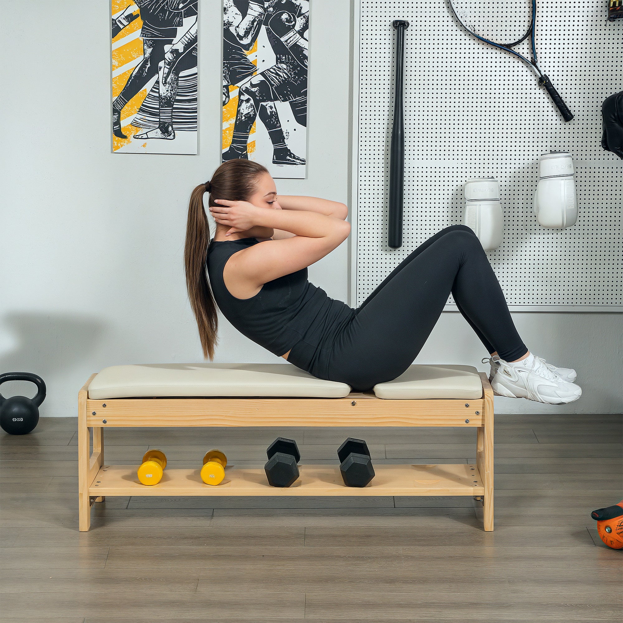 Wooden Adjustable Weight Bench with Dumbbell Rack, Flat or Incline Workout Bench for Home Gym Weight Lifting, White