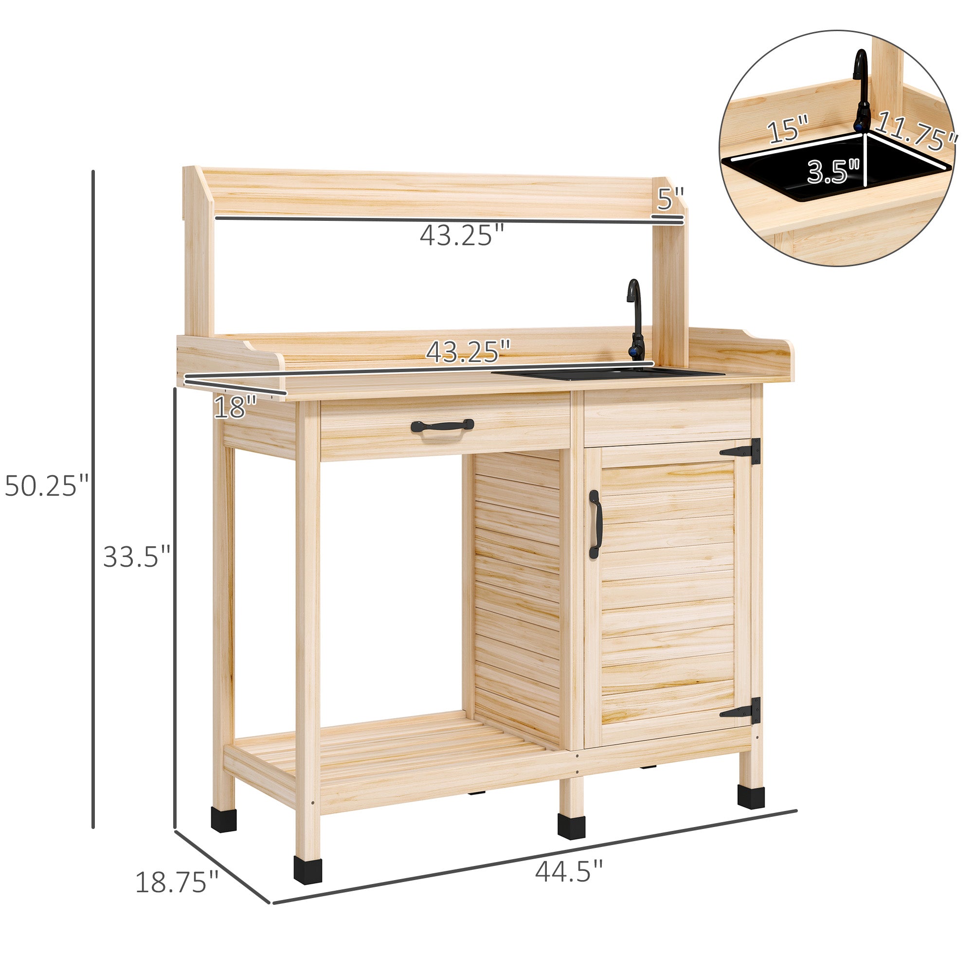 Potting Bench Table with Sink, Outdoor Work Bench Table with Storage Cabinet, Hooks, Removable Sink, Faucet and Drawer for Greenhouse, Garden, Patio, Natural Wood - Natural Wood - Image 3