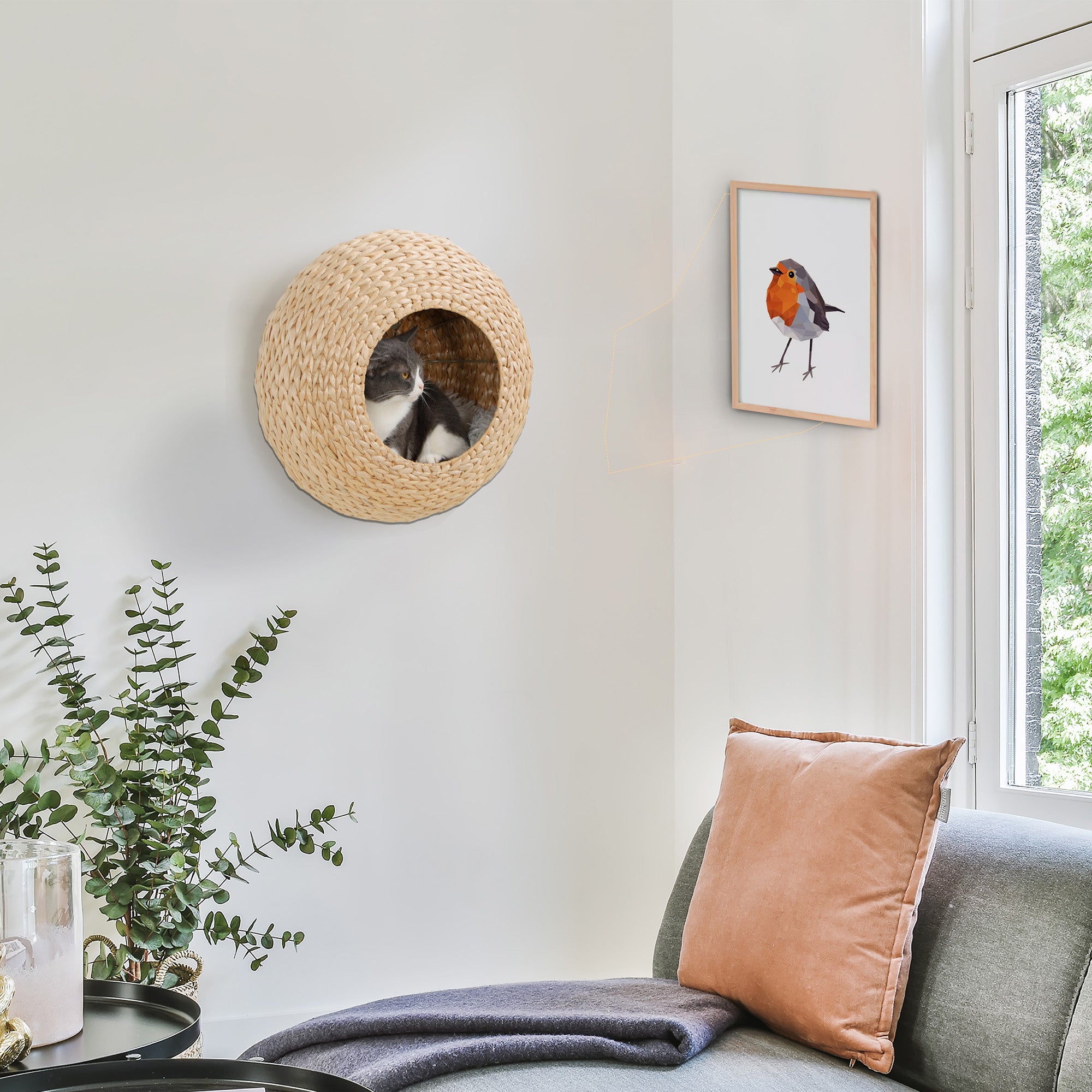 Wall Mounted Cat Condo with Washable Cushion, Natural Wood - Natural Wood - Image 2