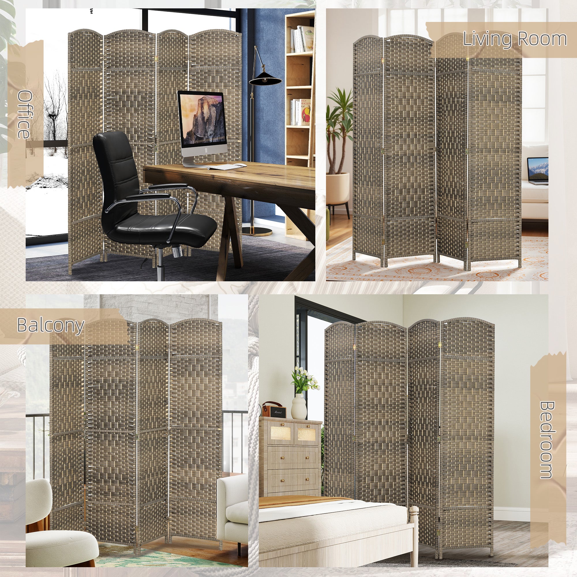 Folding Room Divider Screen 4 Panel 6' Tall Privacy Screen Freestanding Wood Partition for Home Office, Dark Rustic Oak