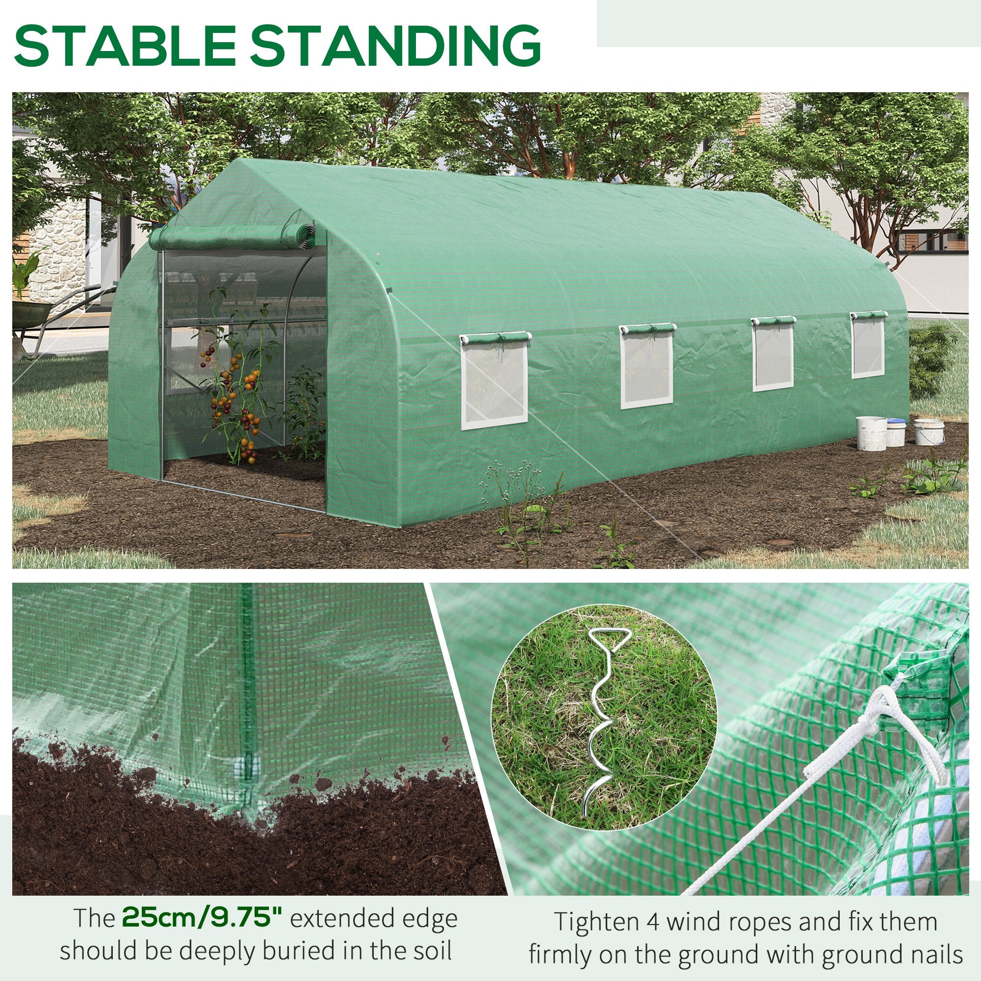 20' x 10' x 7' Walk-in Tunnel Greenhouse with Zippered Mesh Door and 8 Mesh Windows, Gardening Plant Hot House with Galvanized Steel Hoops, Green - Green - Image 5