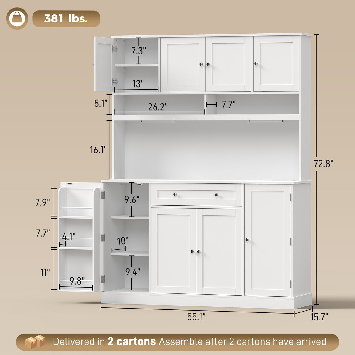 73" Pantry Cabinet with Charging Station, 55" Wide Kitchen Pantry with Microwave Stand, White