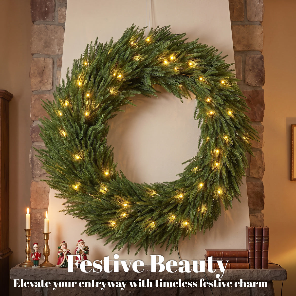 Christmas Decoration, 36 in Pre-Lit Norfolk Pine Artificial Christmas Wreath with 100 LED Lights, Green
