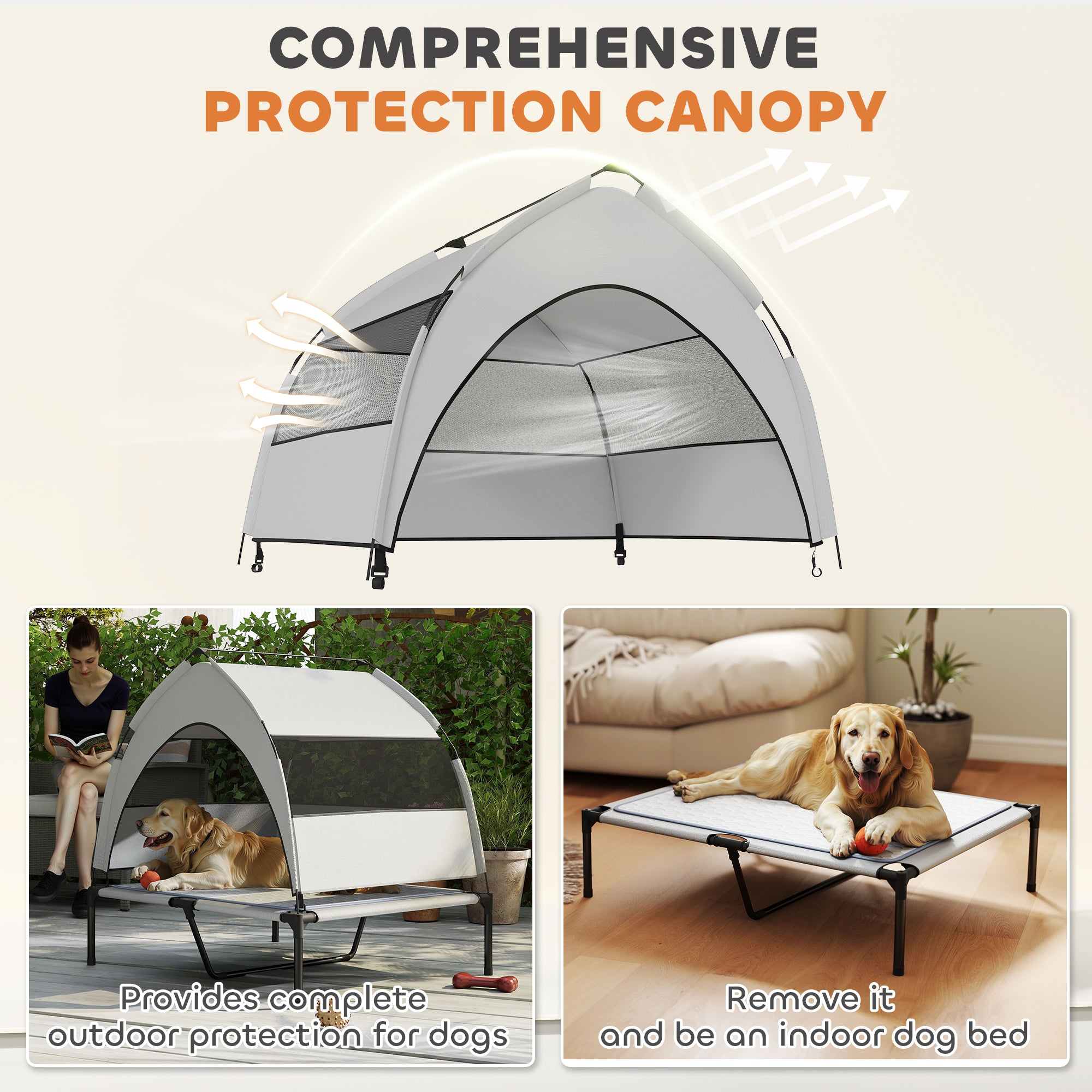 Elevated Dog Bed with Removable Canopy, Portable Outside Raised Pet Cot with Cooling Pad, Storage Bag, 36" x 29.5" x 35" - Light Gray - Image 5