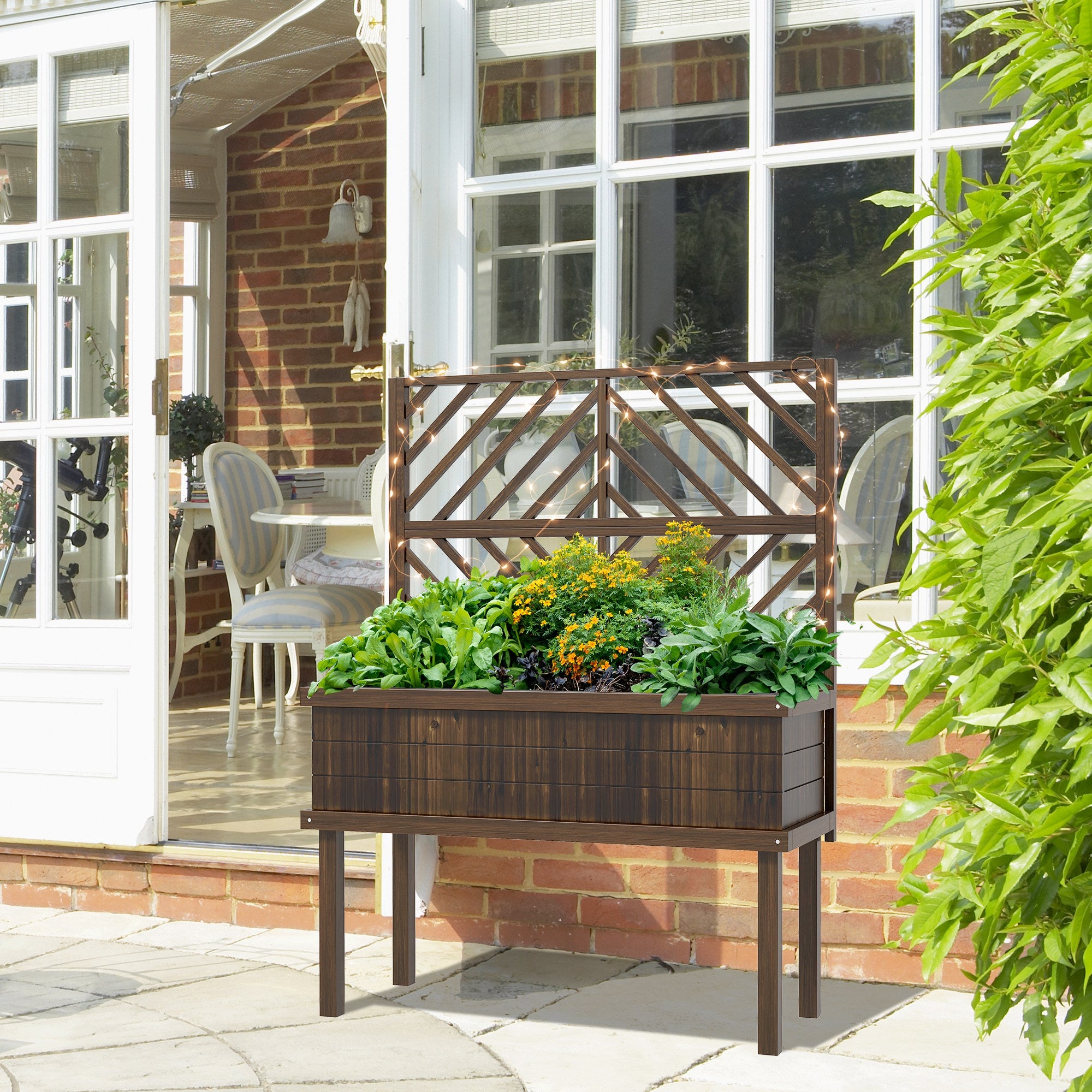 Elevated Wood Planter with Trellis for Climbing Plants, Raised Garden Bed with Legs and Drainage Holes, Carbonized - Carbonized - Image 8