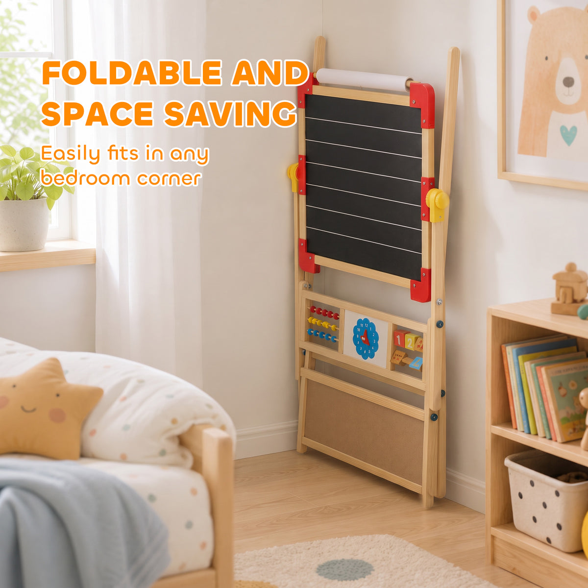 Art Easel for Kids, 360° Rotating Double Sided Kids Easel with Magnetic Whiteboard, Chalkboard, Storage Box, Natural