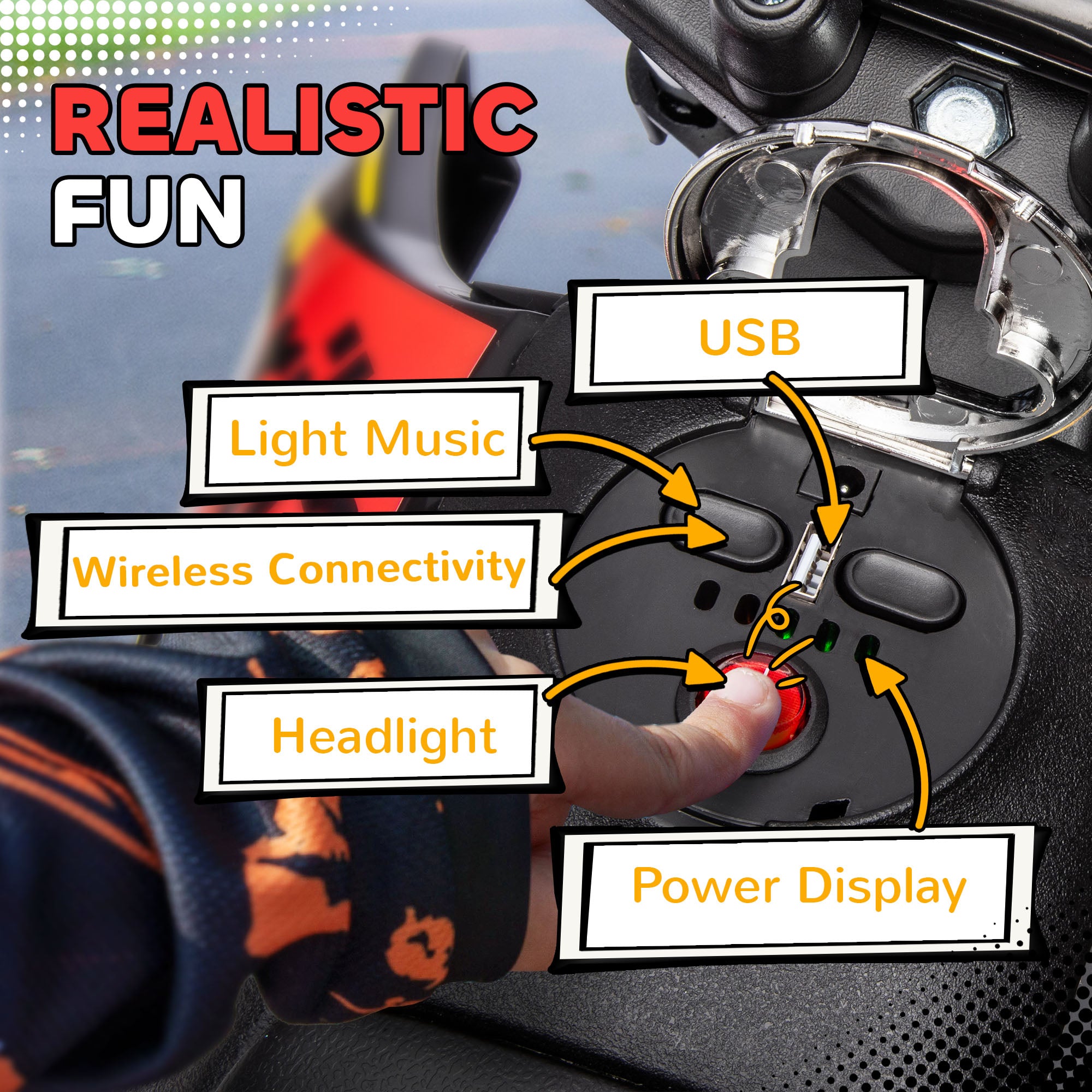 12V Aprilia Licenced Kids Motorcycle with Training Wheels, Spring Suspension, LED Light, USB, Music, Yellow